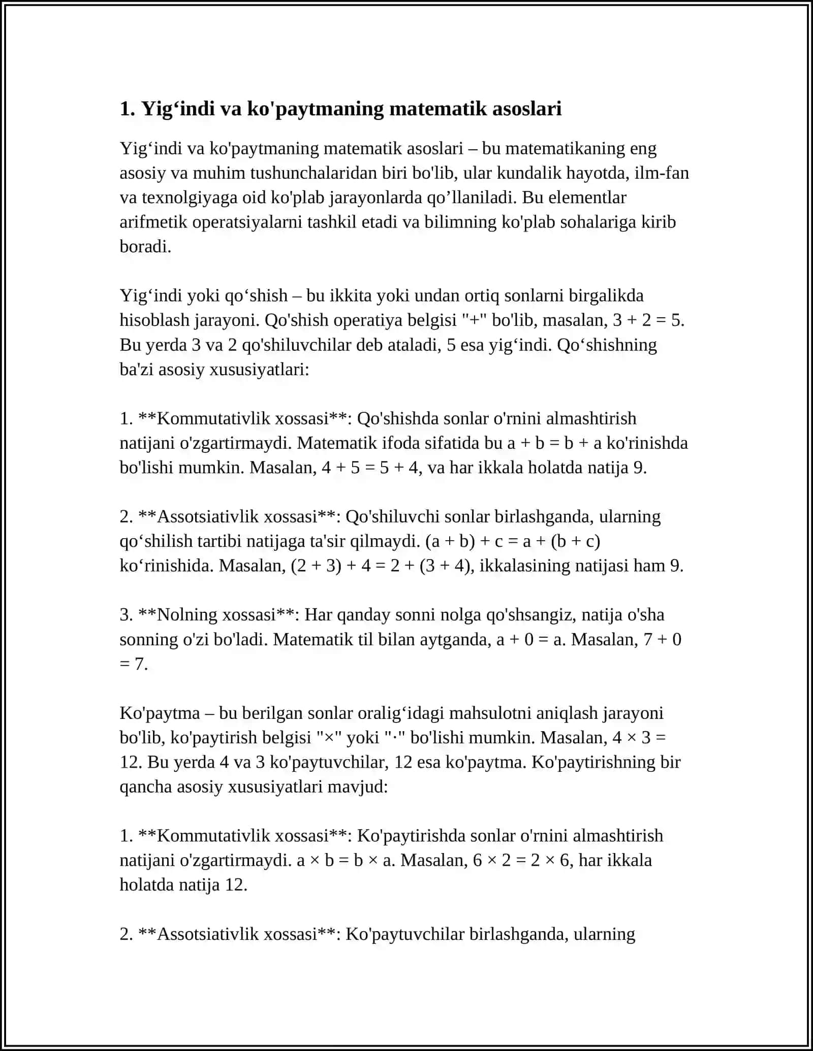 Yigʻindi va ko'paytmaning matematik asoslari 3