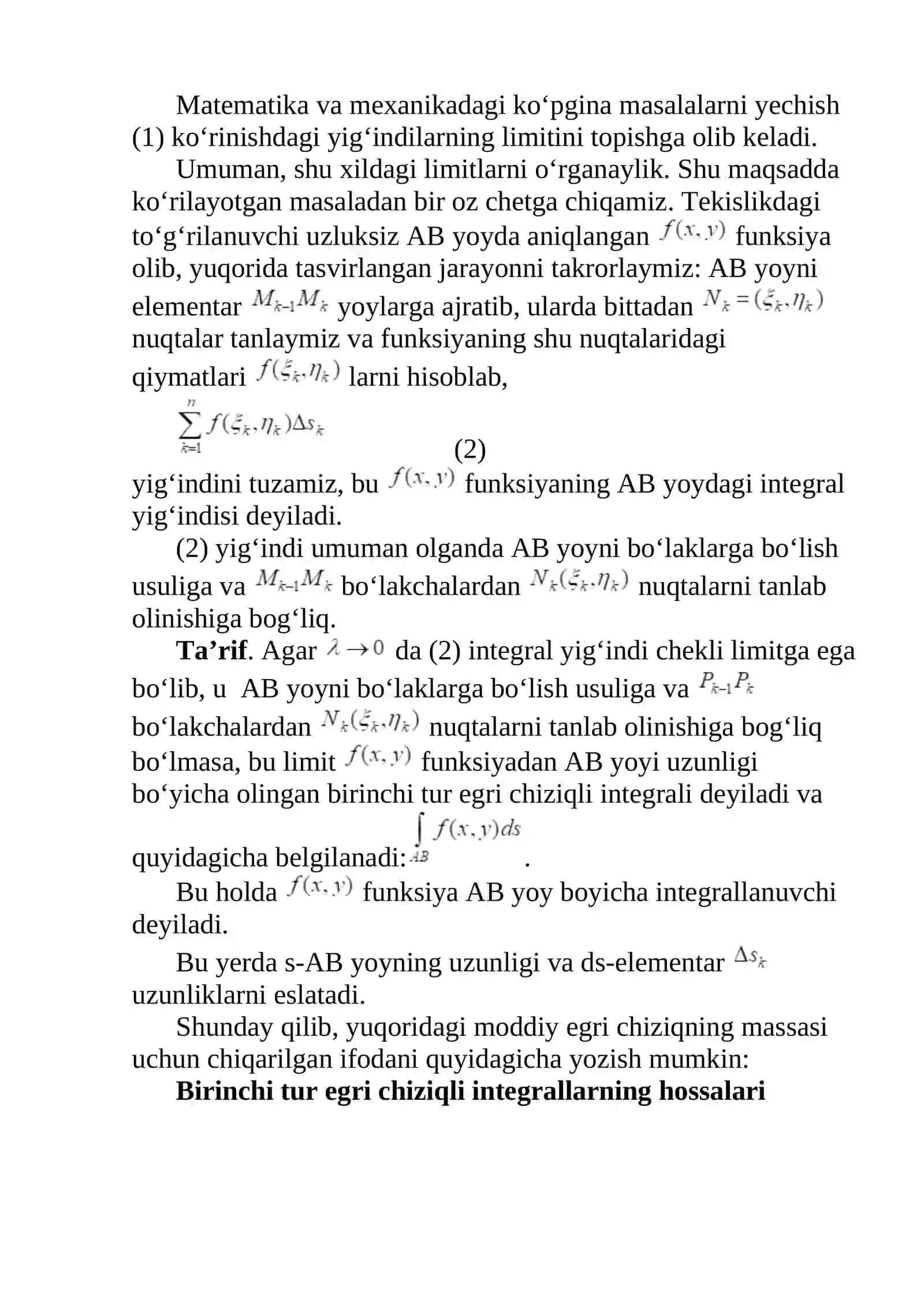 Yoy uzunligi boyicha egri chiziqli integrallarning xossalari 3