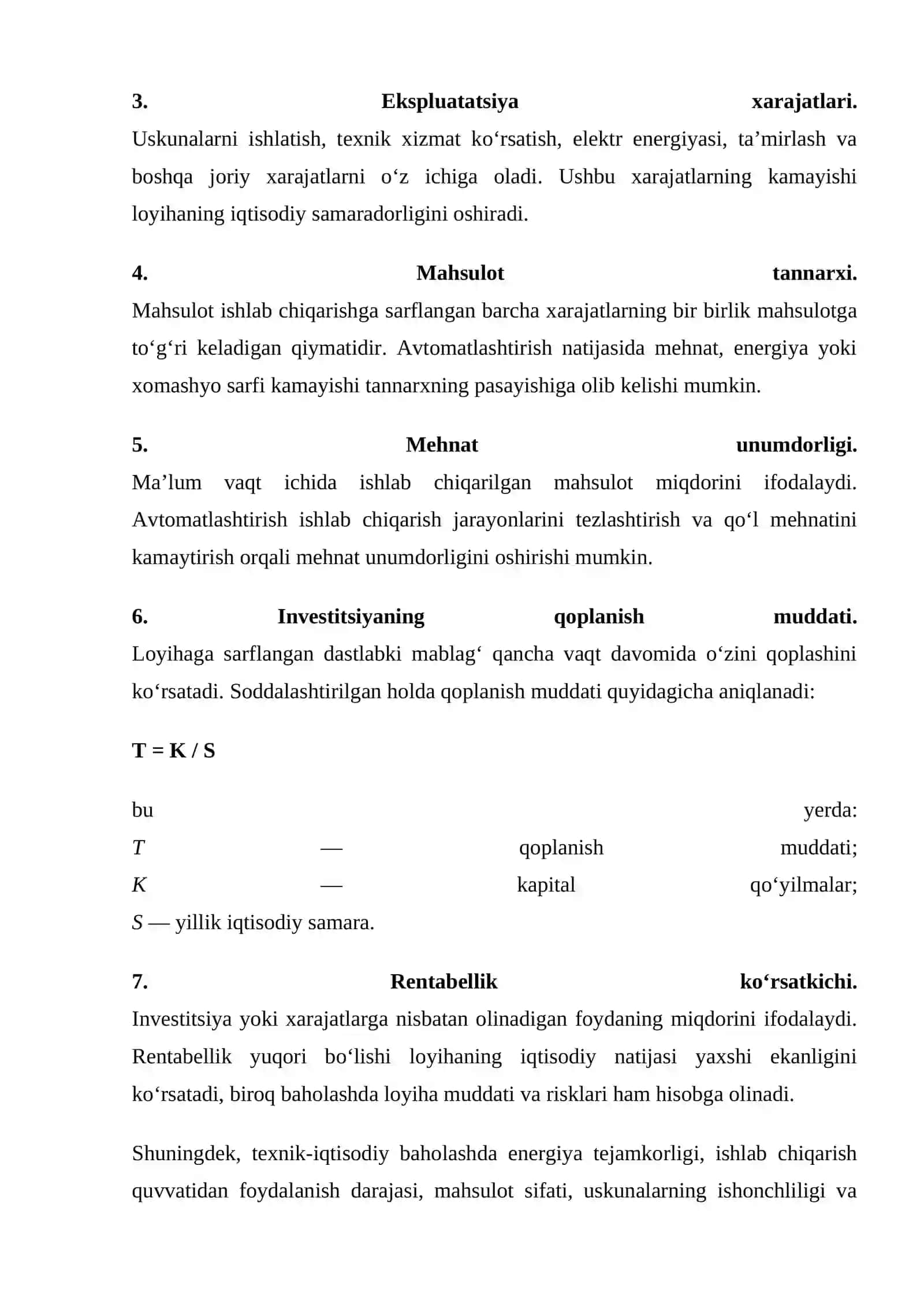 mustaqil ish Texnik-iqtisodiy samaradorlikni hisoblash va baholash usullari. 3