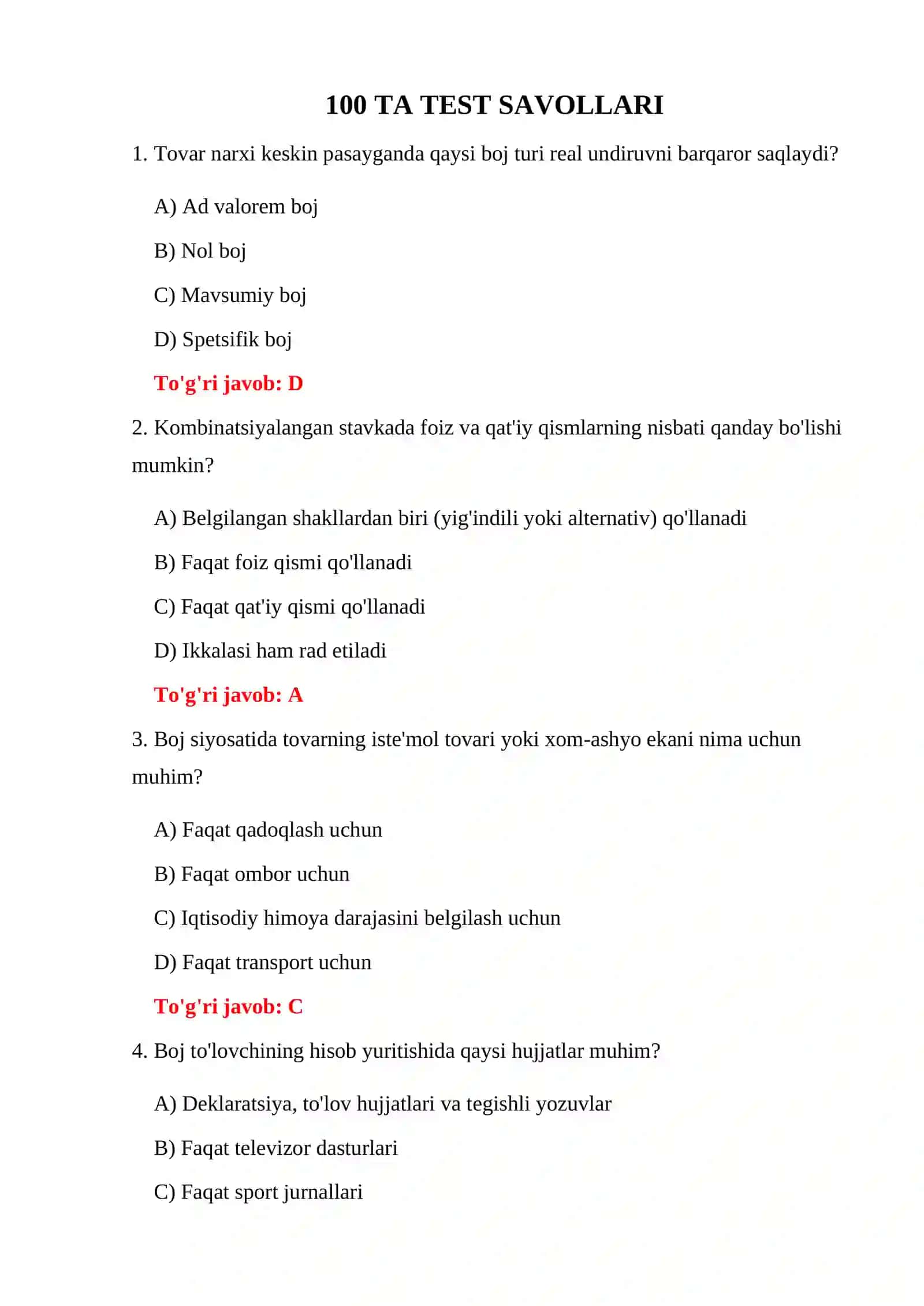 BOJXONA TARIFI 100 TA TEST 3