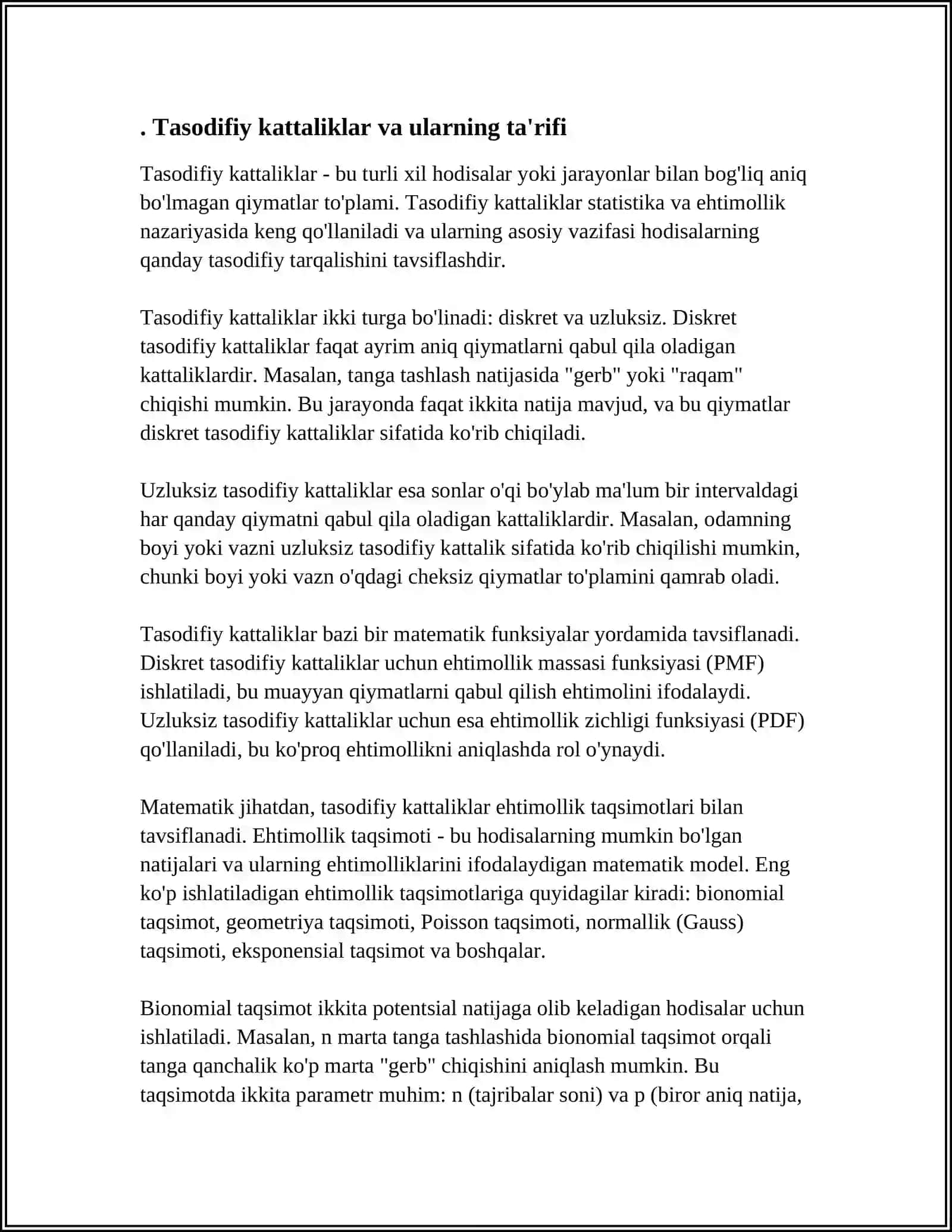 TIBBIY BIOLOGIK MASALA MISOLIDA MATEMATIK STATISTIKA ELEMENTLARNI GENERAL VA TANLOV MAJMUALARI TASODIFIY KATTALIKLAR TAQSIMOT QONUNINI YORITIB BERISH 3