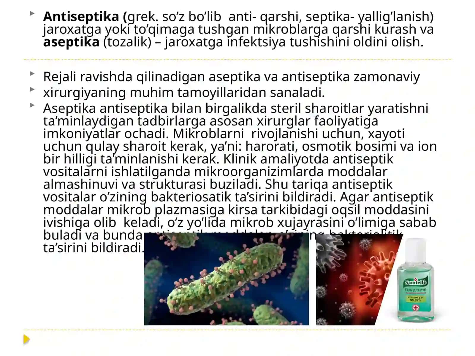 ANTISEPTIKA VA ASEPTIKA ASOSLARINIO’RGANISH,XIRURGIK BEMOR BOLALARNIQABUL QILISHDASANITAR ISHLOV BERISHNING AXAMIYATI 3