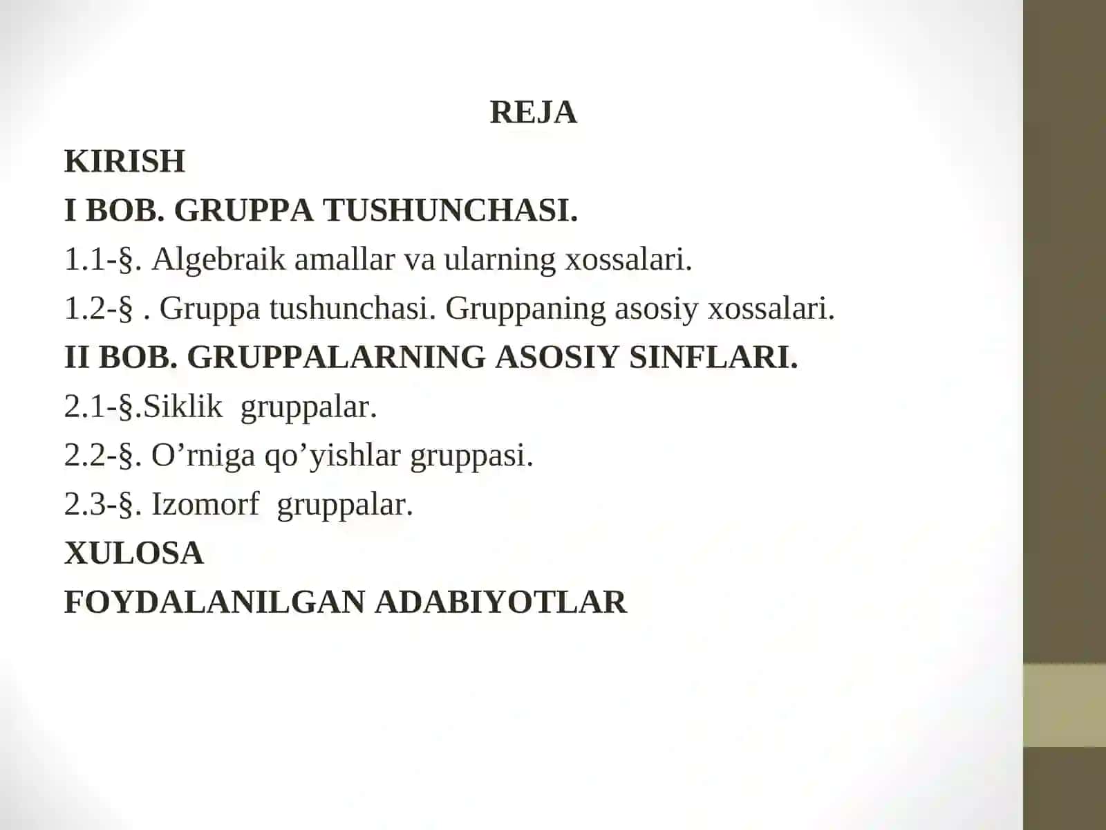Gruppavauning xossalari KURS ISHI 3
