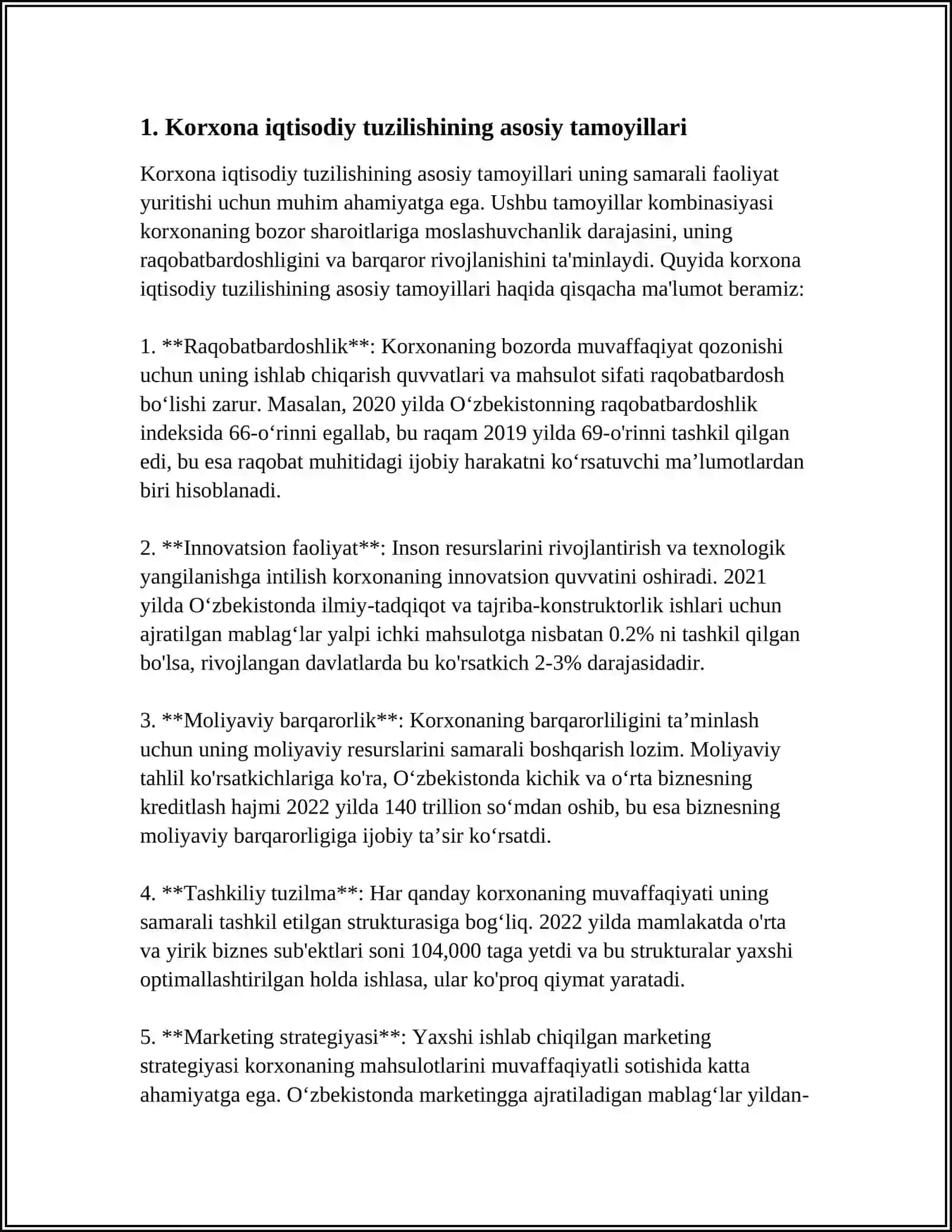 KORXONA FIRMANING IQTISODIY TUZILISHI, ISHLAB CHIQARISH JARAYONINI, TASHKIL ETISHDA BIZNES REJANI AXAMIYATI 3