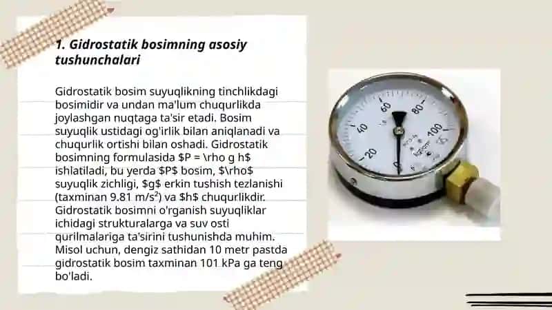 Gidrostatik bosim va bosim oʻlchash asboblari. Eyler tenglamalari 3