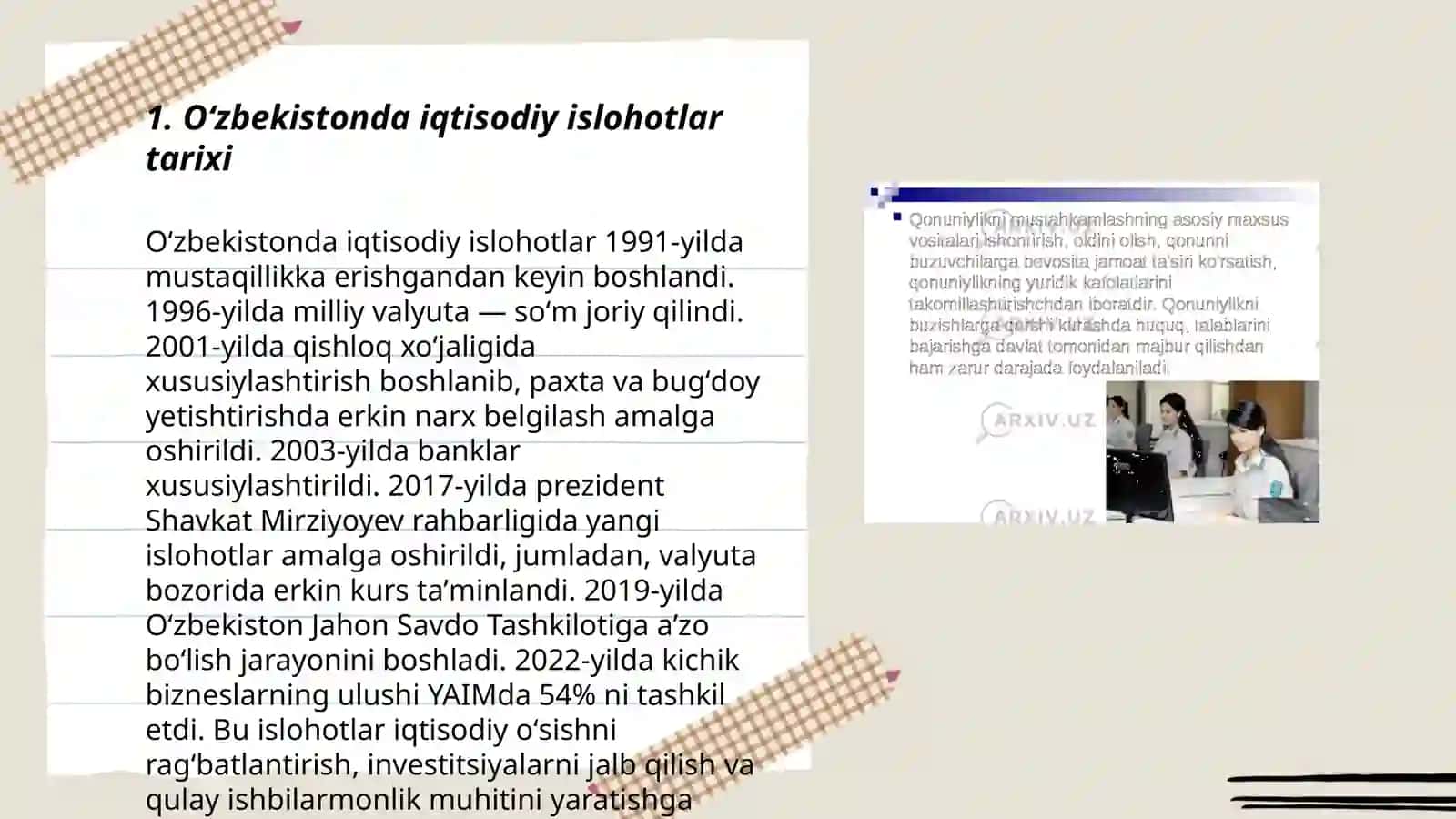 Iqtisodiy islohotlar, xususiy mulkchilikning shakllanishi. Oʻzbekistonda bozor munosabatlarining rivojlanishi 3