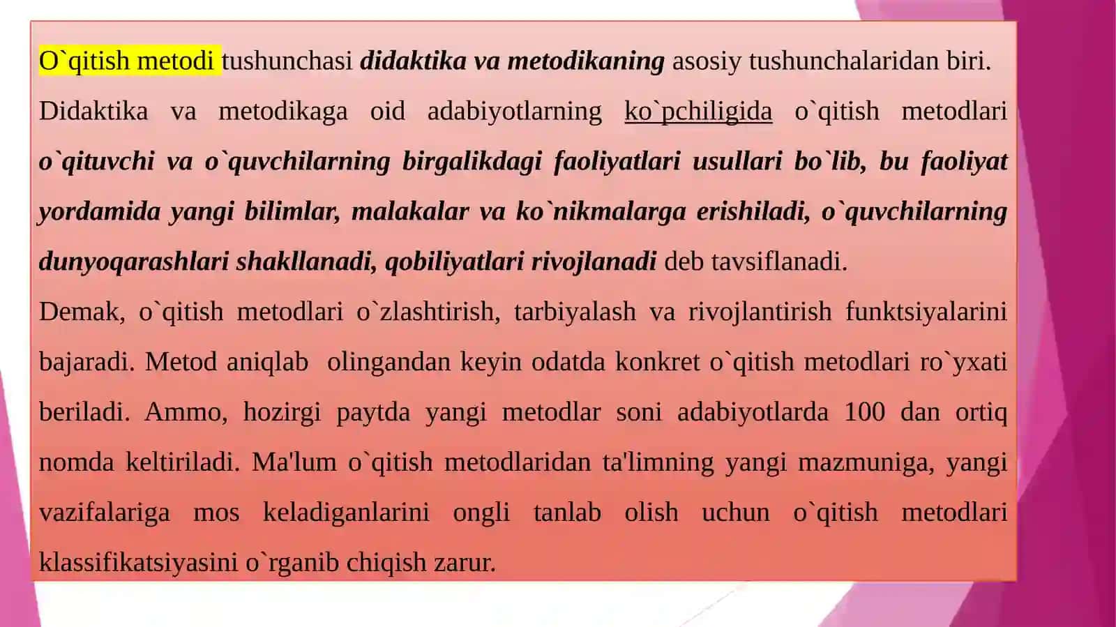 O‘quv bilish faoliyatini tashkil qilish metodi va ular orasidagi bog‘liqlik 3