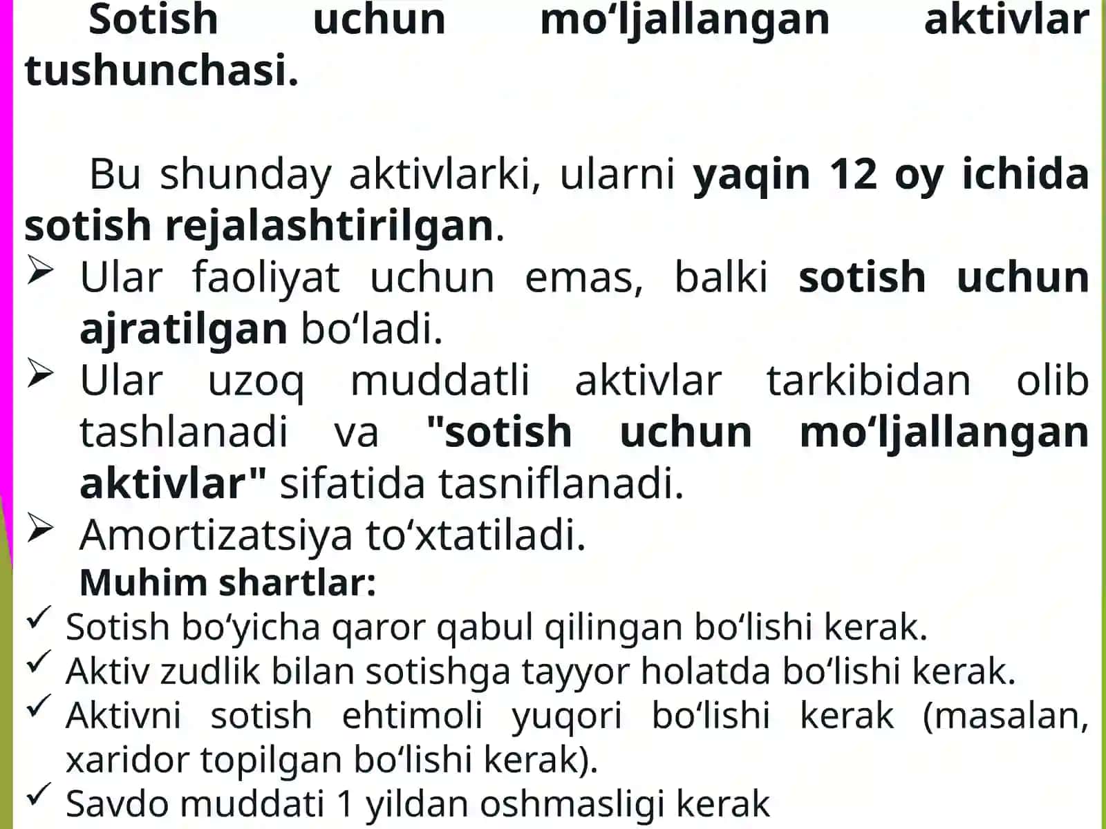 Sotish uchun mo‘ljallangan uzoq muddatli aktivlar. Tovar-moddiy zaxiralarni hisobga olish 3