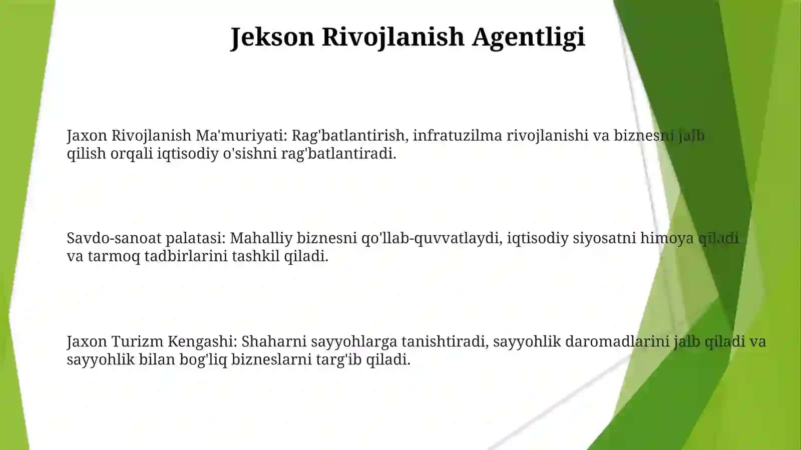 Jaxonning yigirma iqtisodiy tashkilotlari va ularning ro'li 3