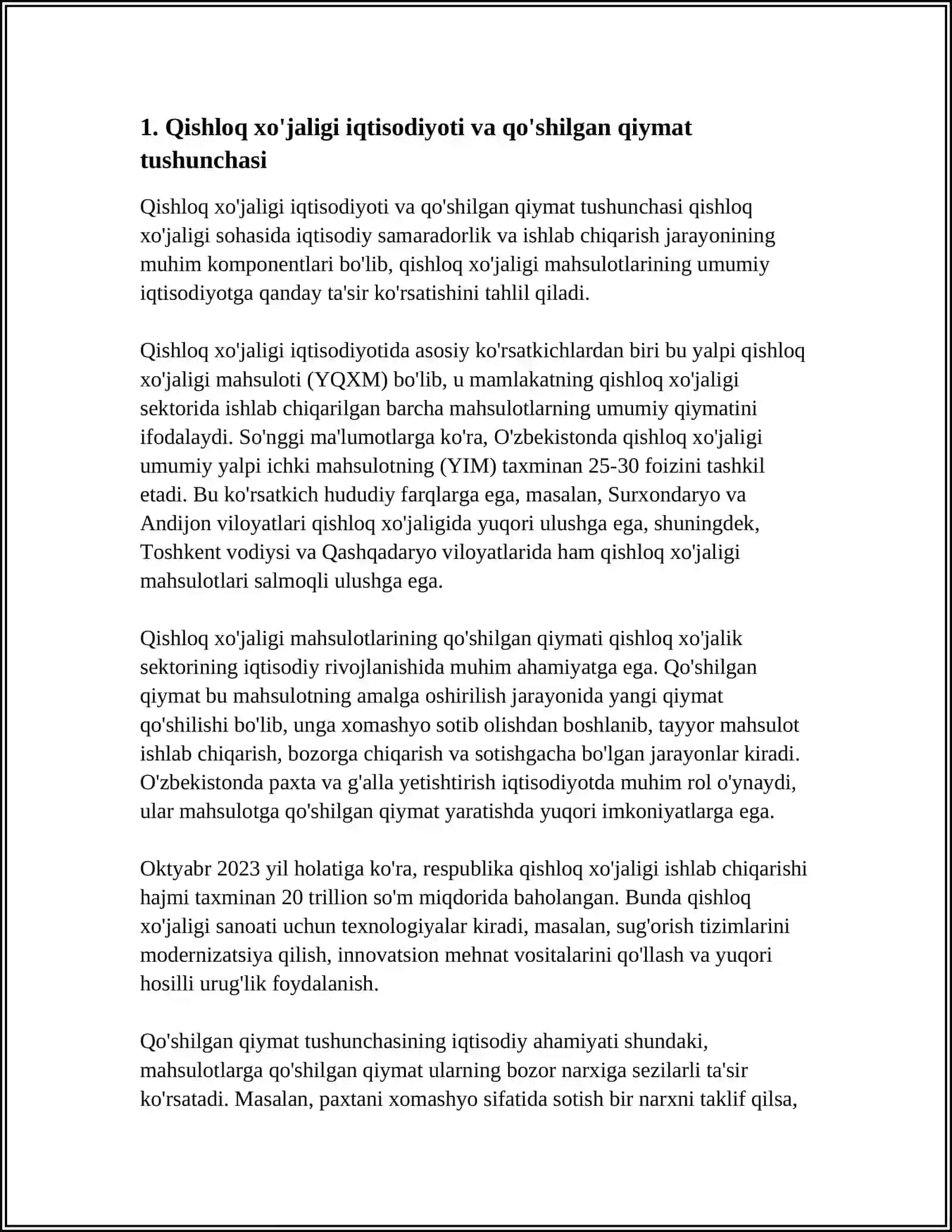 MUSTAQIL ISH Mavzu: QISHLOQ XO'JALIGIDA QO'SHILGAN QIYMAT ZANJIRINI RIVOJLANISH TARIXI 3
