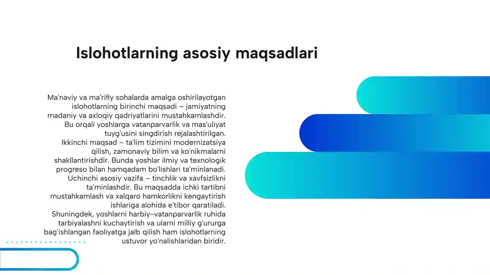 MA'NAVIY VA MA'RIFIY SOHALARDA ISLOHOTLARNI AMALGA OSHIRISH. YOSHLARNI HARBIY-VATANPARVARLIK RUHIDA TARBIYALASH TADBIRLARINI YANADA KUCHAYTIRISH. TINCHLIK VA XAVFSIZLIKNI TA'MINLASH, XALQARO HAMKORLIKNI RIVOJLANTIRISH 3