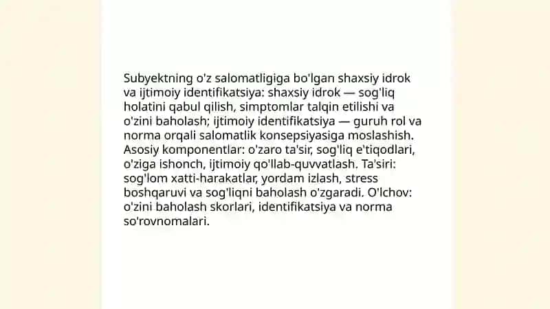 Turli hayotiy sharoitlarda sybyektning o'z salomatligiga munosabati ifodalanishining ijtimoiy psixologik xususiyatlari 3