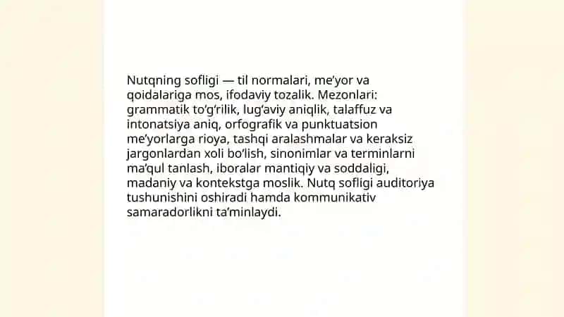 Oğzaki madaniy nutqning asosiy kommunikativ sifatlari:nutqning sofligi,boyligi,ifodaliligi voqealanishi tahlili - Xolbozorova Sarvinoz 3