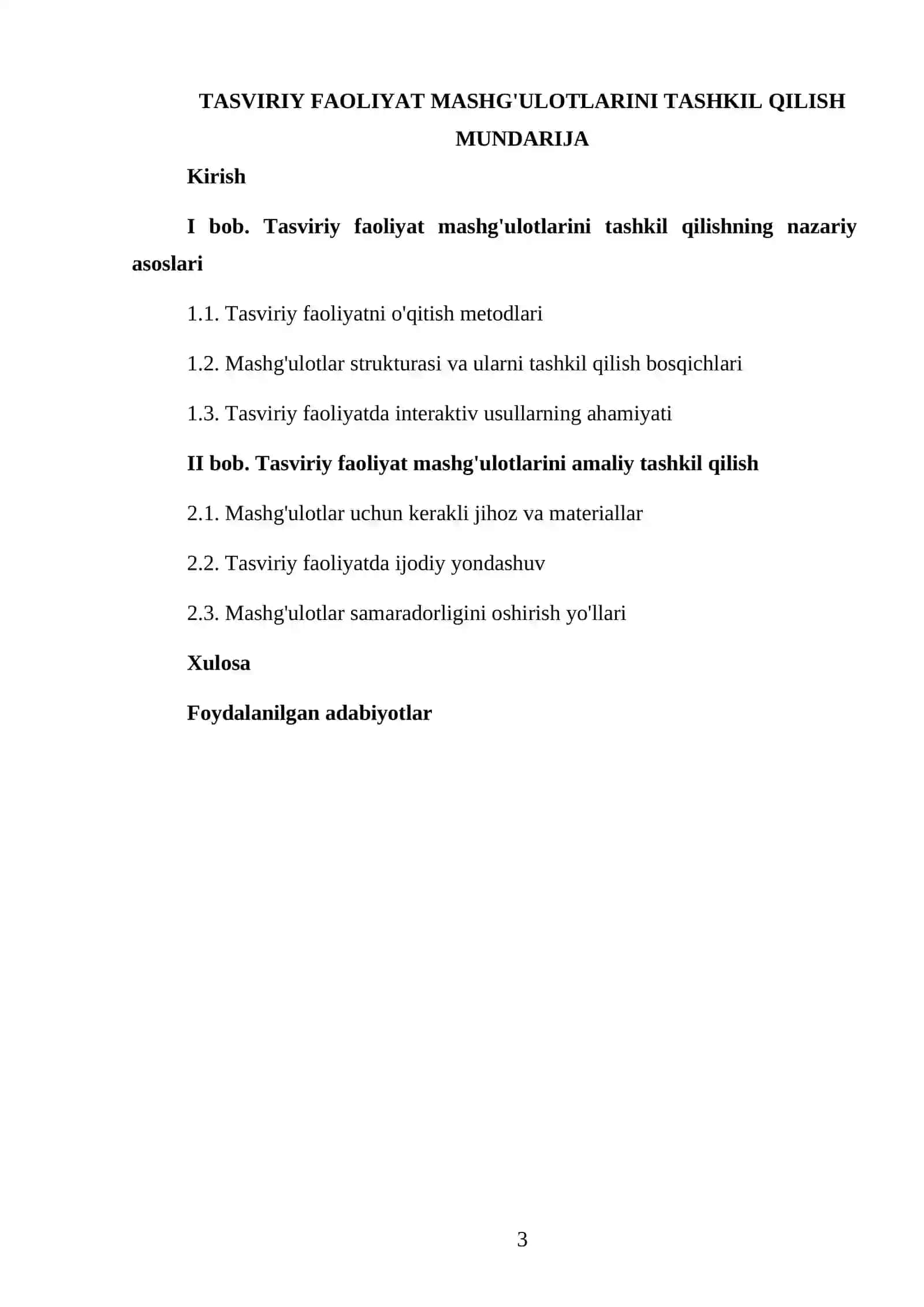 TASVIRIY FAOLIYAT MASHG'ULOTLARINI TASHKIL QILISH KURS ISHI 3