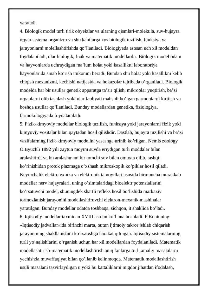 BIOLOGIK TIBBIY JARAYON VA SISTEMALARNI TEKSHIRISH MASALALARIDA MATEMATIK MODELLASHTIRISH VOSITALARI VA METODLARINI QO’LLASH 3