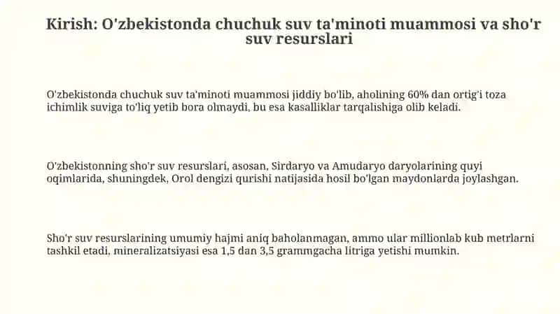 O'zbekistonda sho'r suvni chuchuklashtirish: Zarurat, texnologiyalar va loyihalar 3