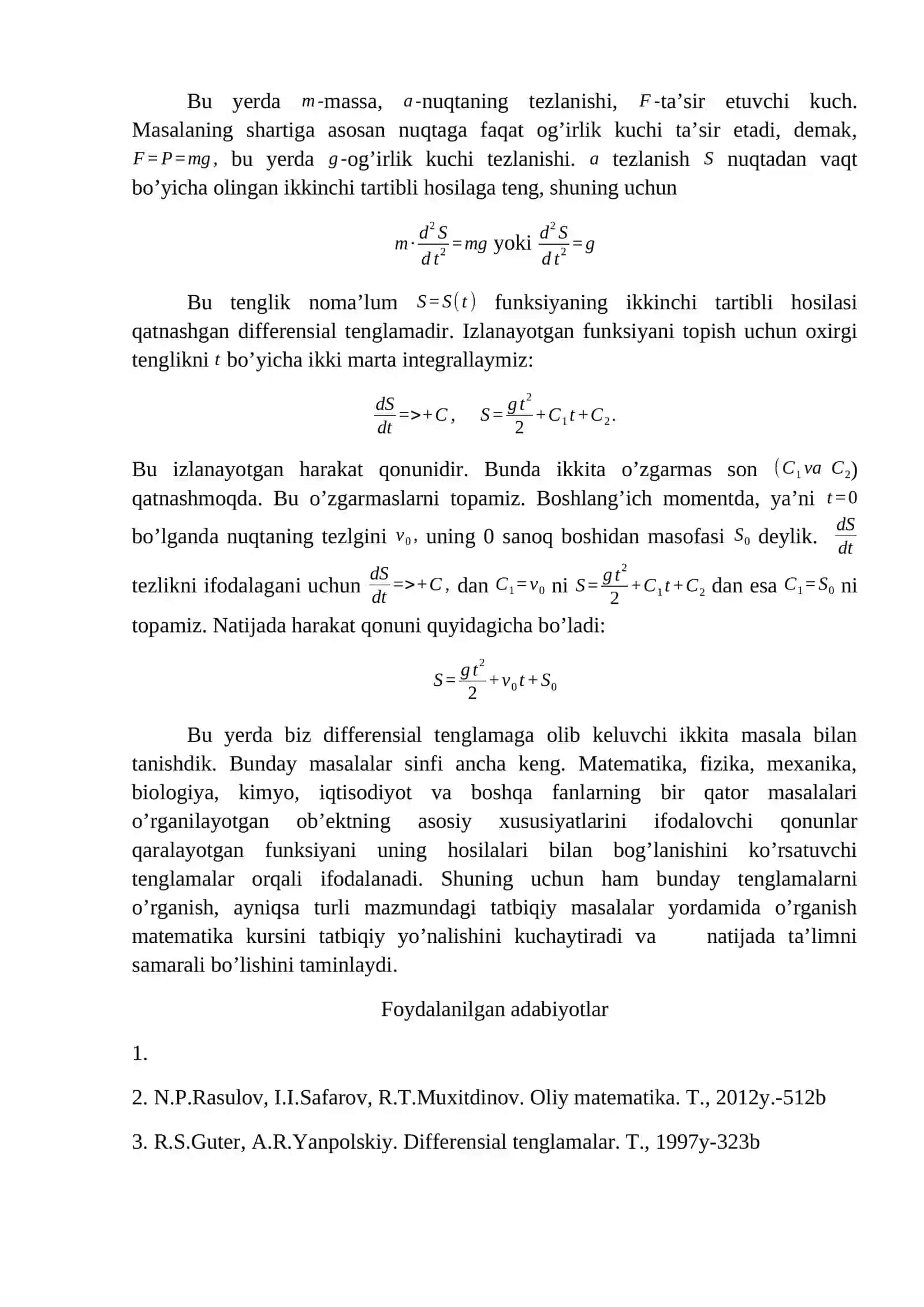 Differensial tenglamaga olib keluvchi tatbiqiy masalalar-matematikani o’qitishni tatbiqiy yo’nalishini kuchaytirish vositasi 3