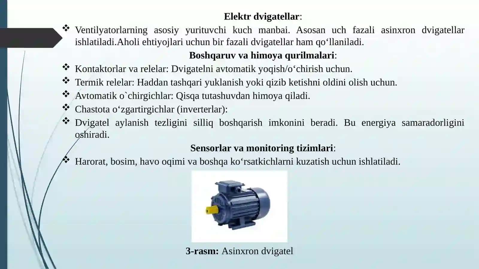 Ventilyatorqurilmalarining elektr jixozlari,elektr yuritmalari va energetik ko‘rsatkichlari 3