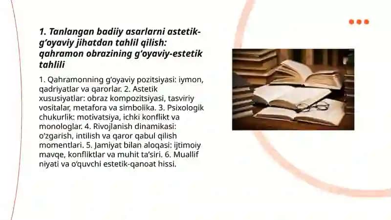 Tanlangan badiiy asarlarni astetik-gʻoyaviy jihatdan tahlil qilish 3