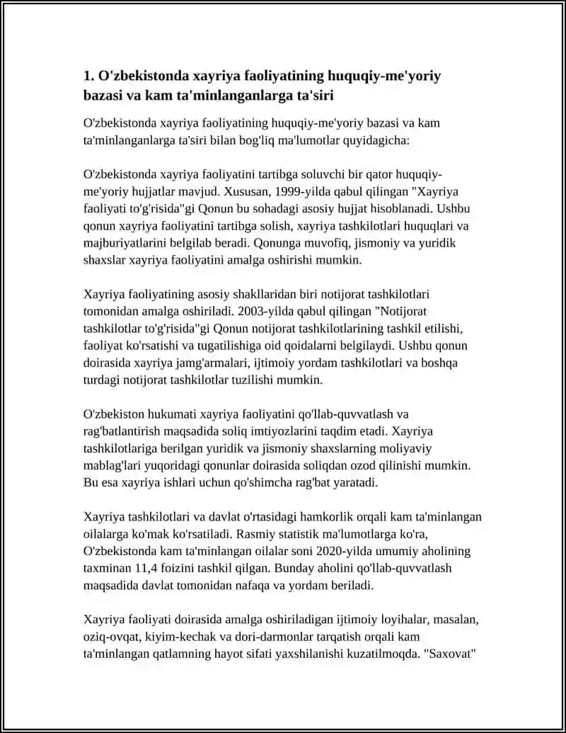 O'zbekistonda xayriya faoliyatining huquqiy-me'yoriy bazasi va kam ta'minlanganlarga ta'siri 3