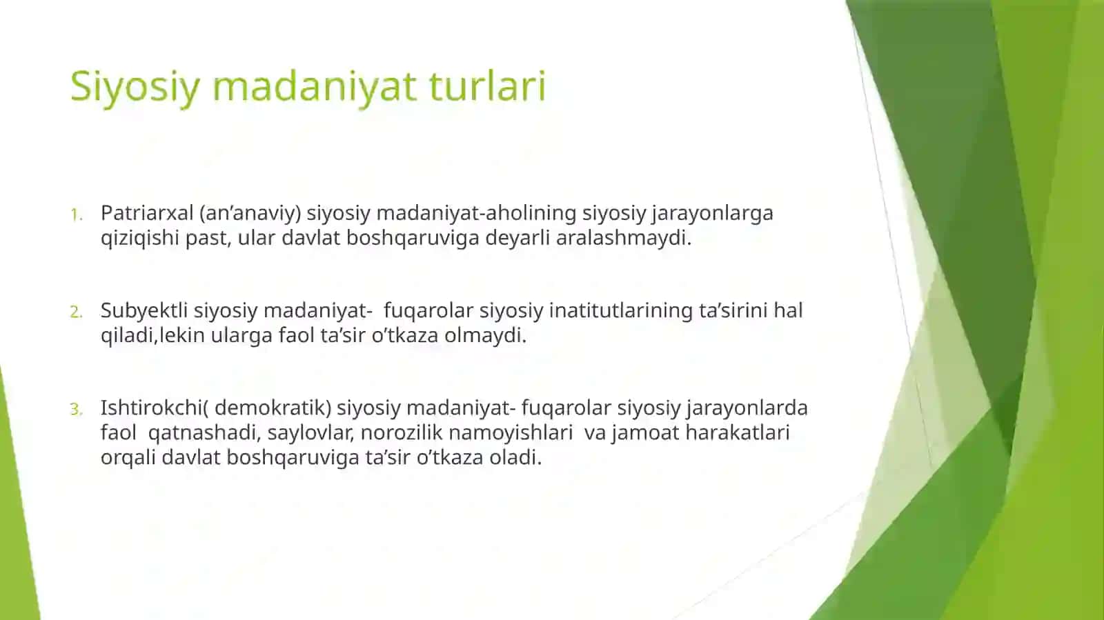 Siyosiy madaniyat va ijtimoiy barqarorlik. Siyosiy konflikt va uning turlari 3