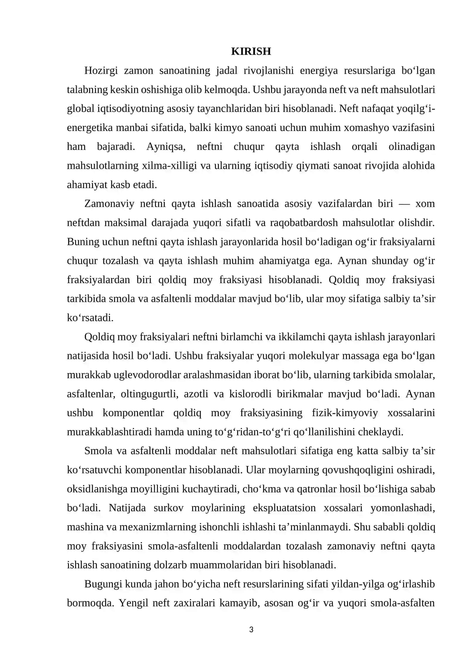 QOLDIQ MOY FRAKSIYASI TARKIBINI SMOLA-ASFALTENLI MODDALARDAN TOZALASH JARAYONI 3