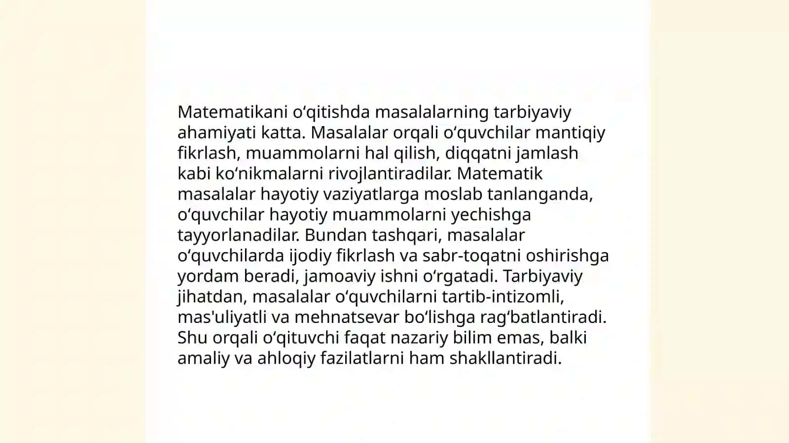 Matematikani oʻqitishda masalalarni oʻrni va roli, oʻquvchilarni matnli masalalar yechishga oʻrgatish metodikasi 3