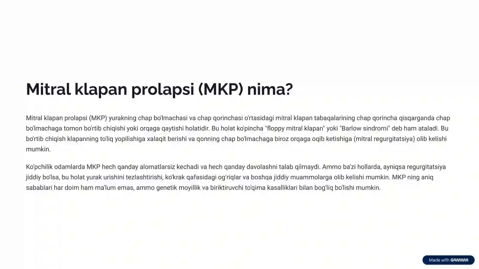 Mitral klapan prolapsi: Tushuncha, Belgilari va Davosi 3