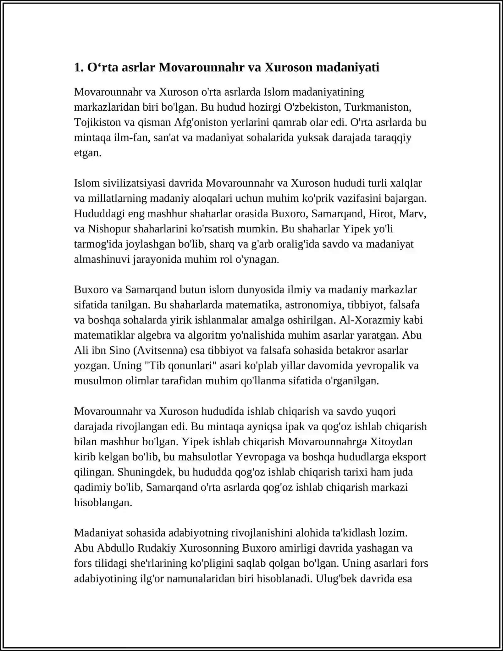 MUSTAQIL ISH Mavzu: 9 12 ASRLARDA MAMLAKATIMIZ HUDUDIDA ROʻY BERGAN MADANIY UYGʻONISH(RENESSANS) BUYUK ALLOMALARNING JAHON SVILIZATSIYASIGA QOʻSHGAN HISSASI 3