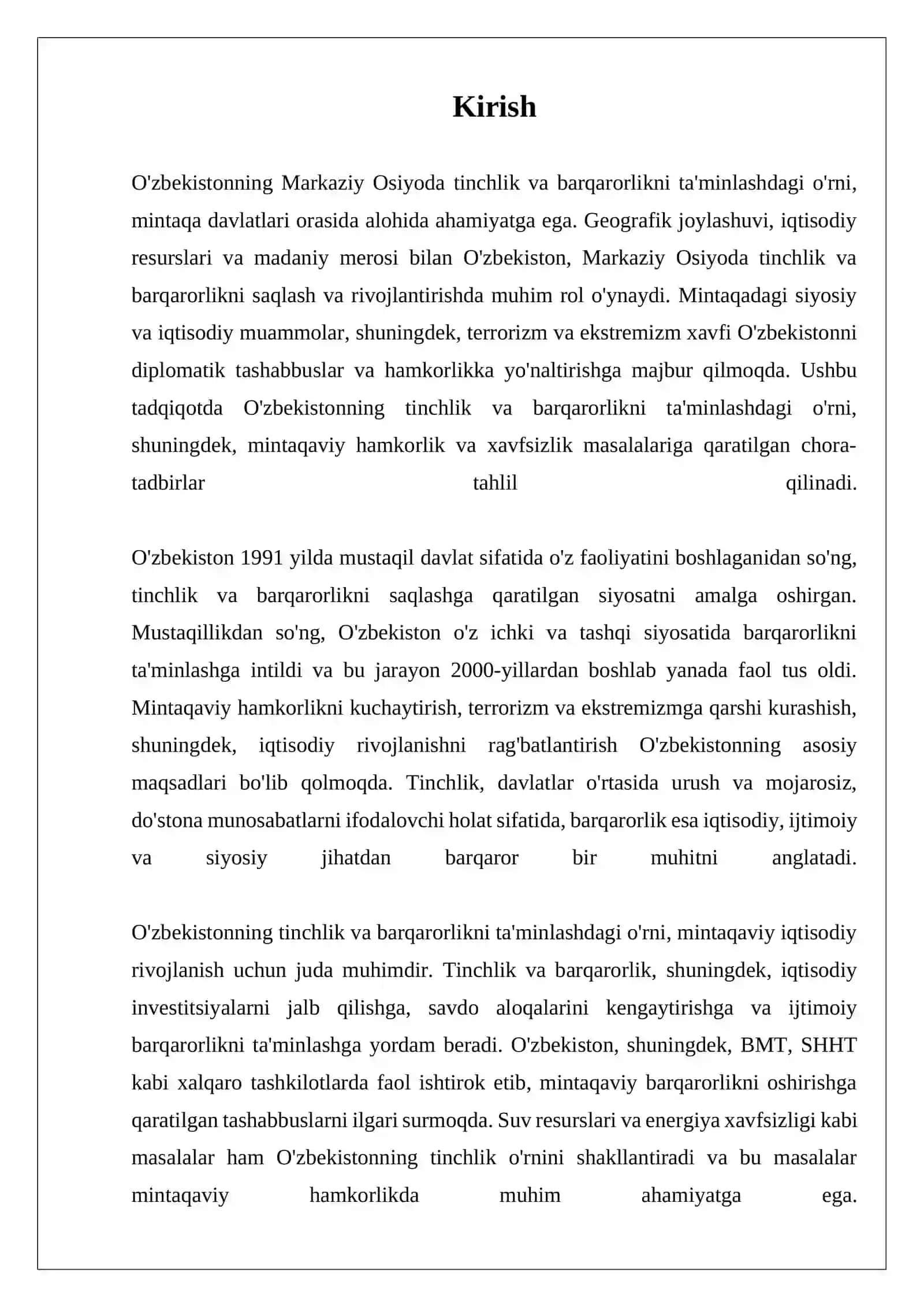 O'ZBEKISTONNING MARKAZIY OSIYODA TINCHLIK VA BARQARORLIKNI TA'MINLASHDAGI O'RNI 3