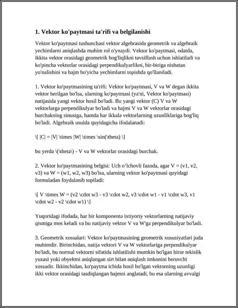 VEKTOR KO'PAYTMANING GEOMETRIK VA ALGEBRAIK XOSSALARI. UCH VEKTORNING ARALASH KO'PAYTMASI 3