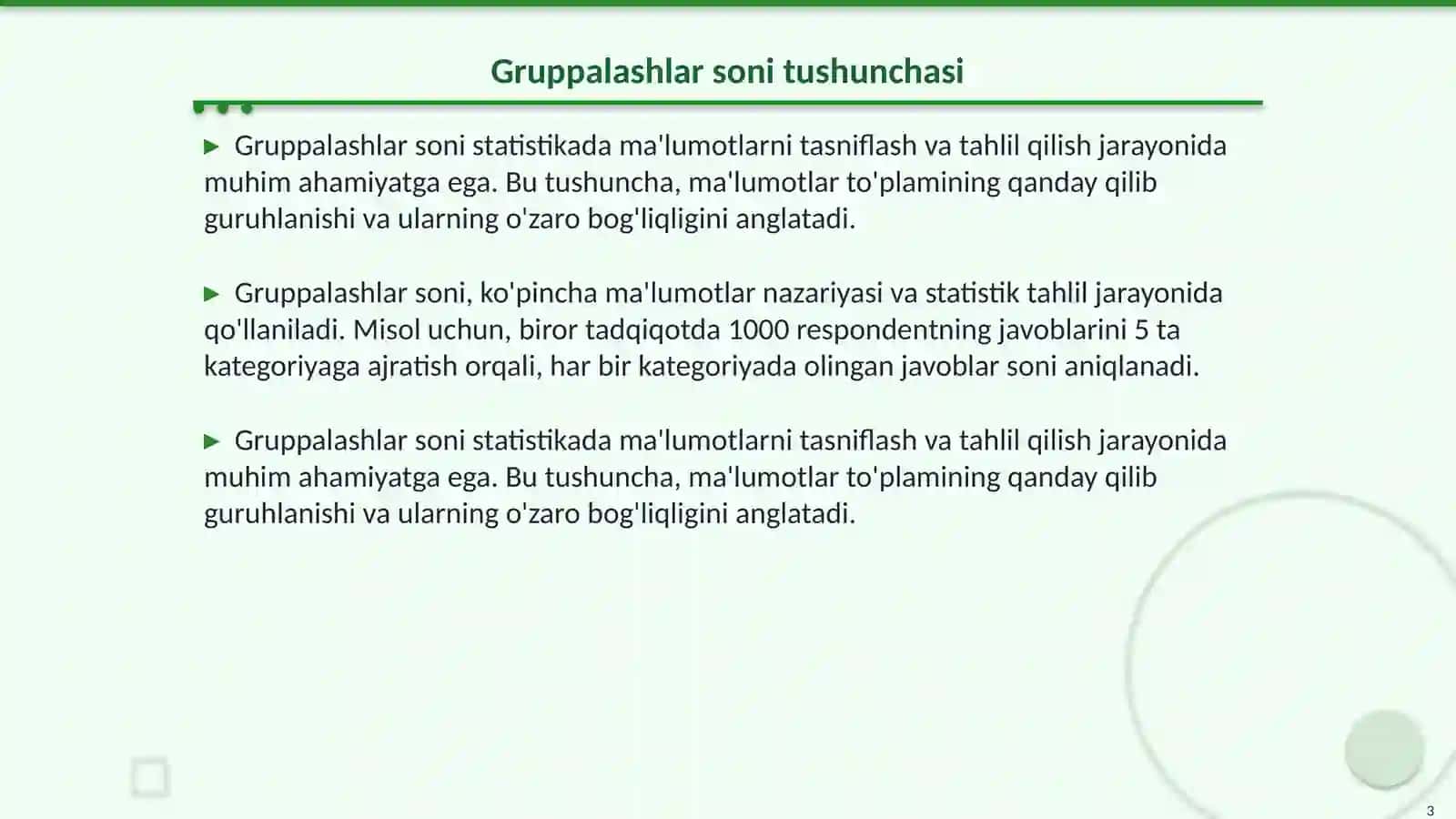 Gruppalashlar soni 3