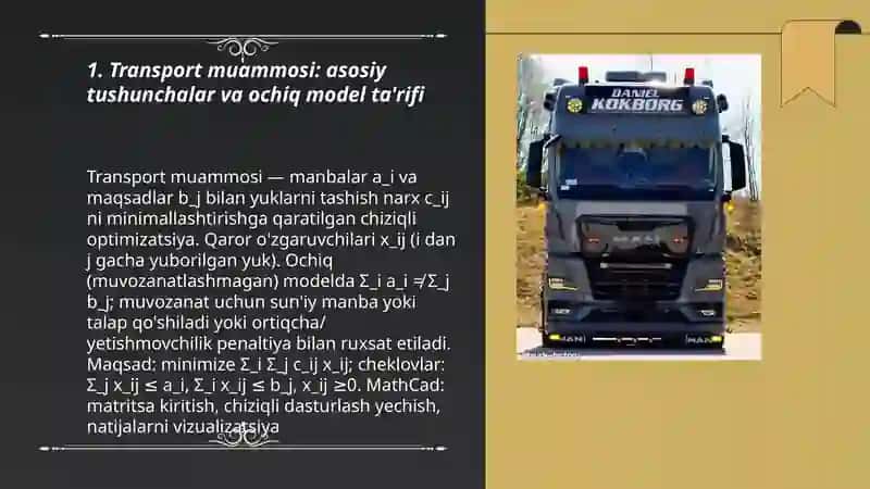 Transport(Yuk tashish,ochiq model muvozanatlashmagan transport masalasi) va uni yechishda MathCad amaliy dasturidan foydalanish 3