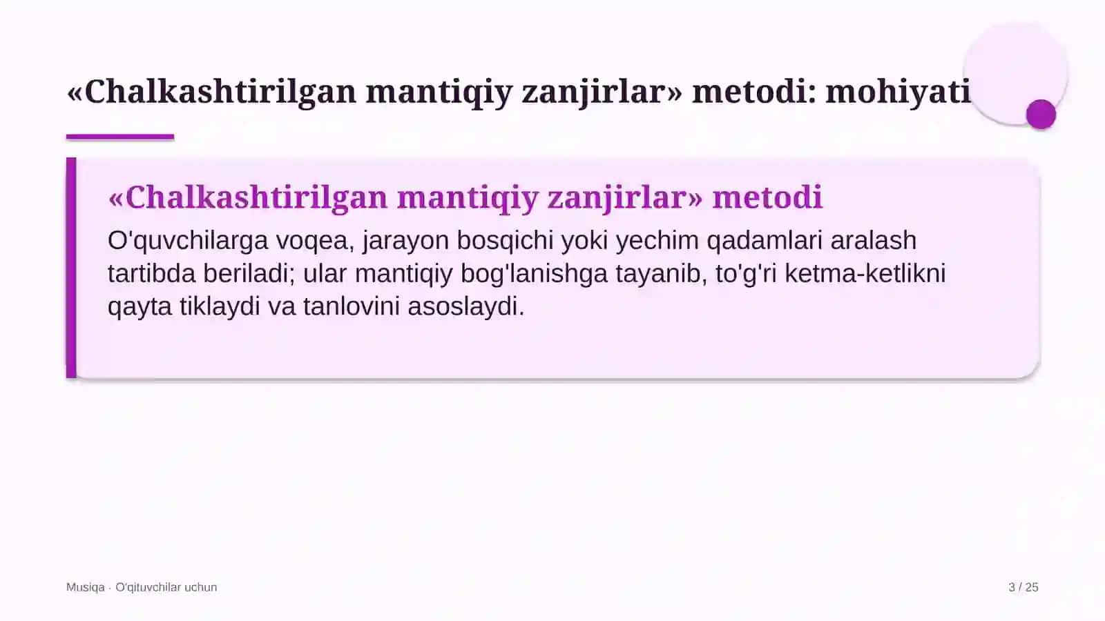musiqa darslarida chalkashtirilgan mantiqiy zanjirlar metodidan foydalanish 7866 3
