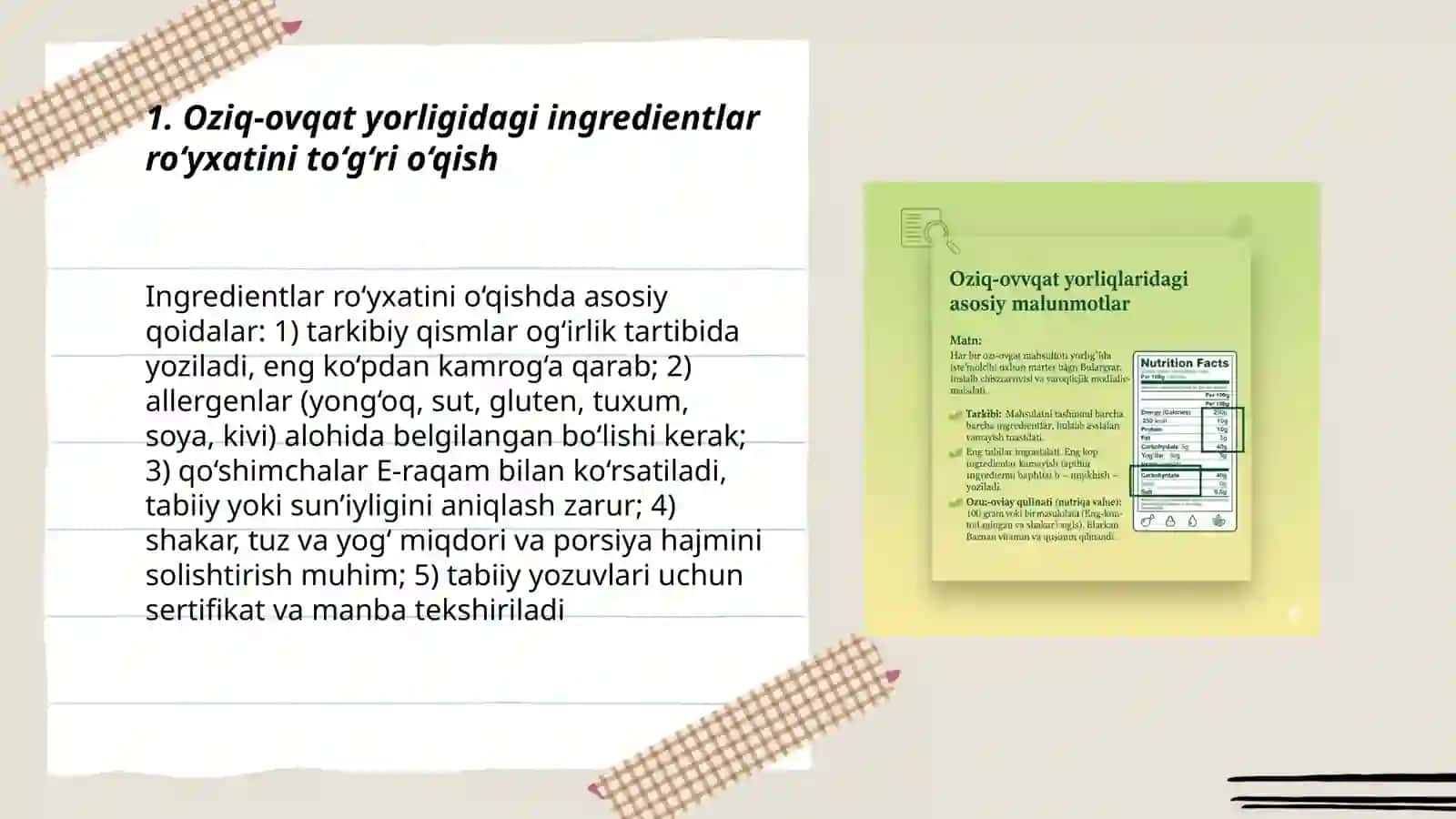 Oziq-ovqat mahsulotlari tarkibi,yorliqlar orqali mahsulotlarning foydali yoki zararliligini o‘rganish 3