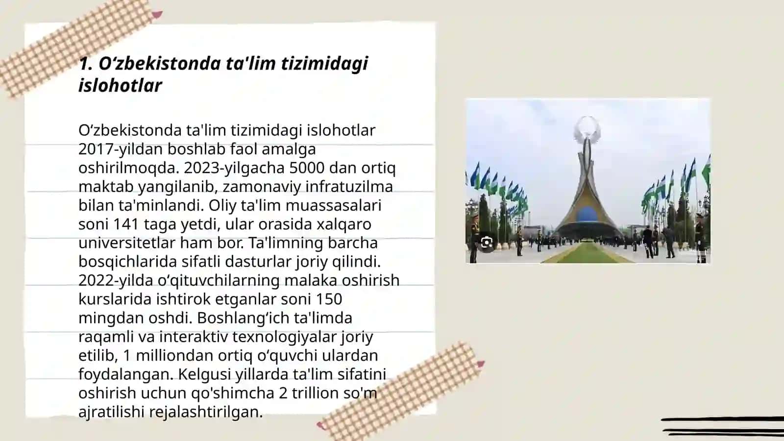 Oʻzbekistonda ijtimoiy sohada amalga oshirilayotgan oʻzgarishlar mazmun va mohiyati 3
