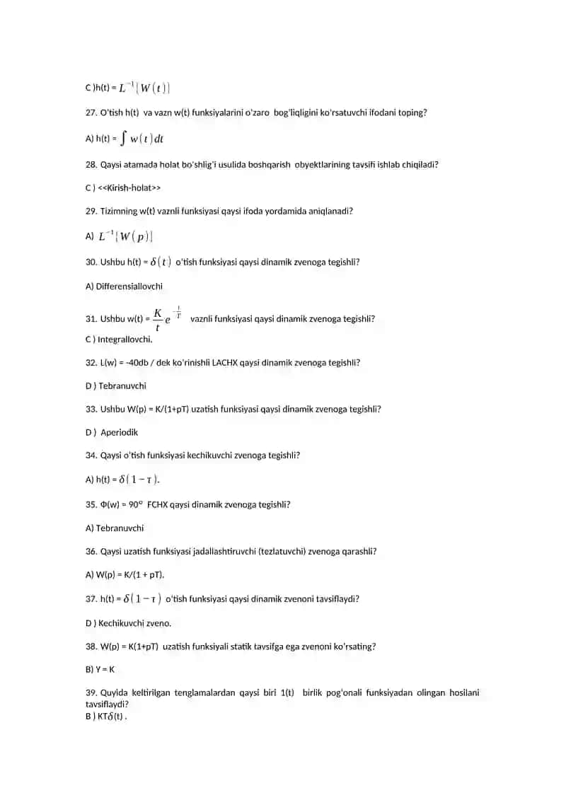 Avtomatik boshqarish nazariyasi fanidan Yakuniy test savollari 3
