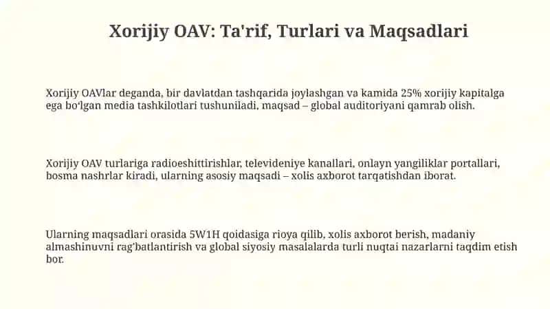 Xorijiy OAV: Ta'rif, Turlari va Maqsadlari 3
