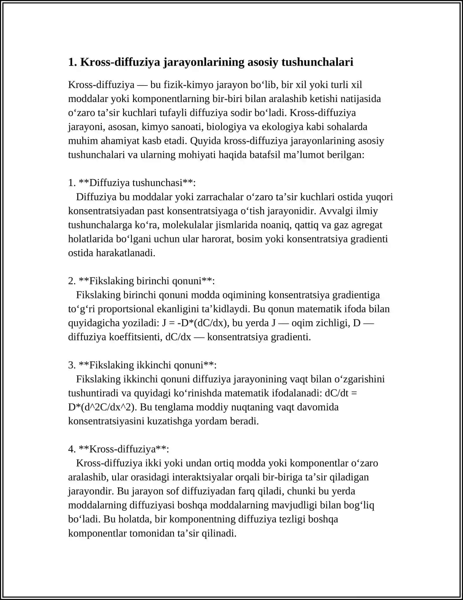 KROSS-DIFFUZIYA JARAYONLAR MATEMATIK MODELLARDA YUZ BERADIGAN YANGI NOCHIZIQLI HODISALAR TAHLILI. KROSS-DIFFUZIYA SISTEMALAR UCHUN GLOBAL YECHIMLAR VA ULARNING XOSSALARI 3