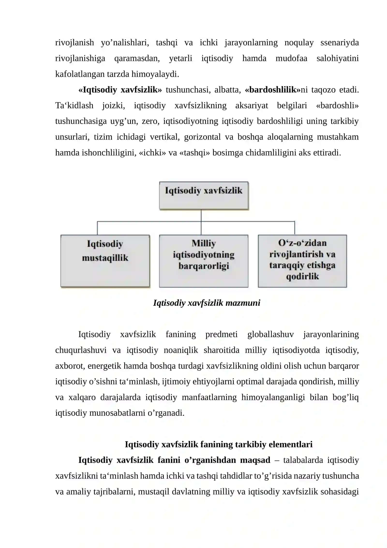 “IQTISODIY XAVFSIZLIK” FANIGA KIRISH, IQTISODIY XAVFSIZLIKNING MOHIYATI VA TARKIBIY ELEMENTLARI 3
