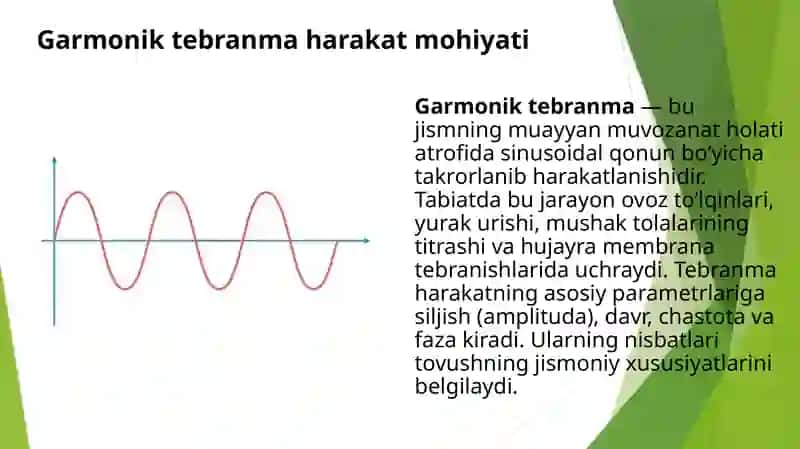 Bioakustika asoslari. Gormonik tebranma harakat va uning siljish, davr, chastota, toʻlqin uzunligi tovush turlari, okustik rezonansning hosil boʻlishi , tovush kuchi, balandligi, tarqalish tezligini aniqlash. 3
