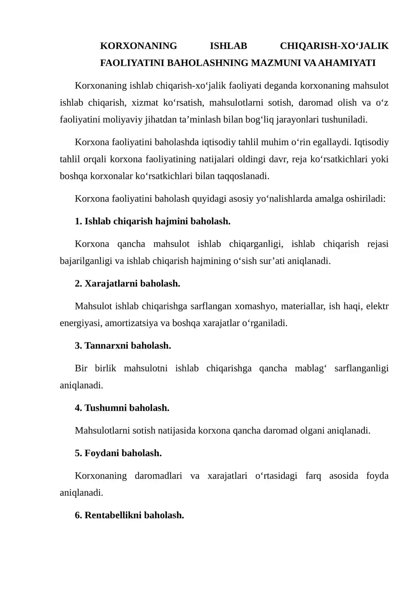 Korxonaning Ishlab Chiqarish-Xo‘jalik Faoliyatini Baholashda Iqtisodiy Ko‘rsatkichlarning O‘rni 3