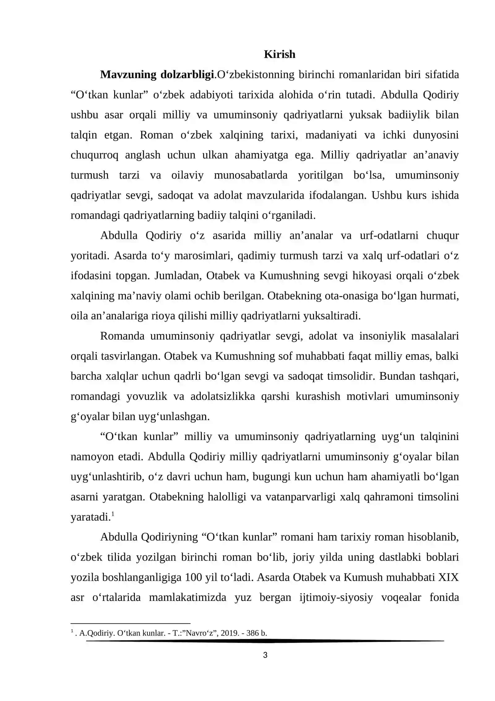 O‘TKAN KUNLAR ROMANIDA MILLIY VA UMUMINSONIY QADRIYATLARNING BADIIY TALQINI 3
