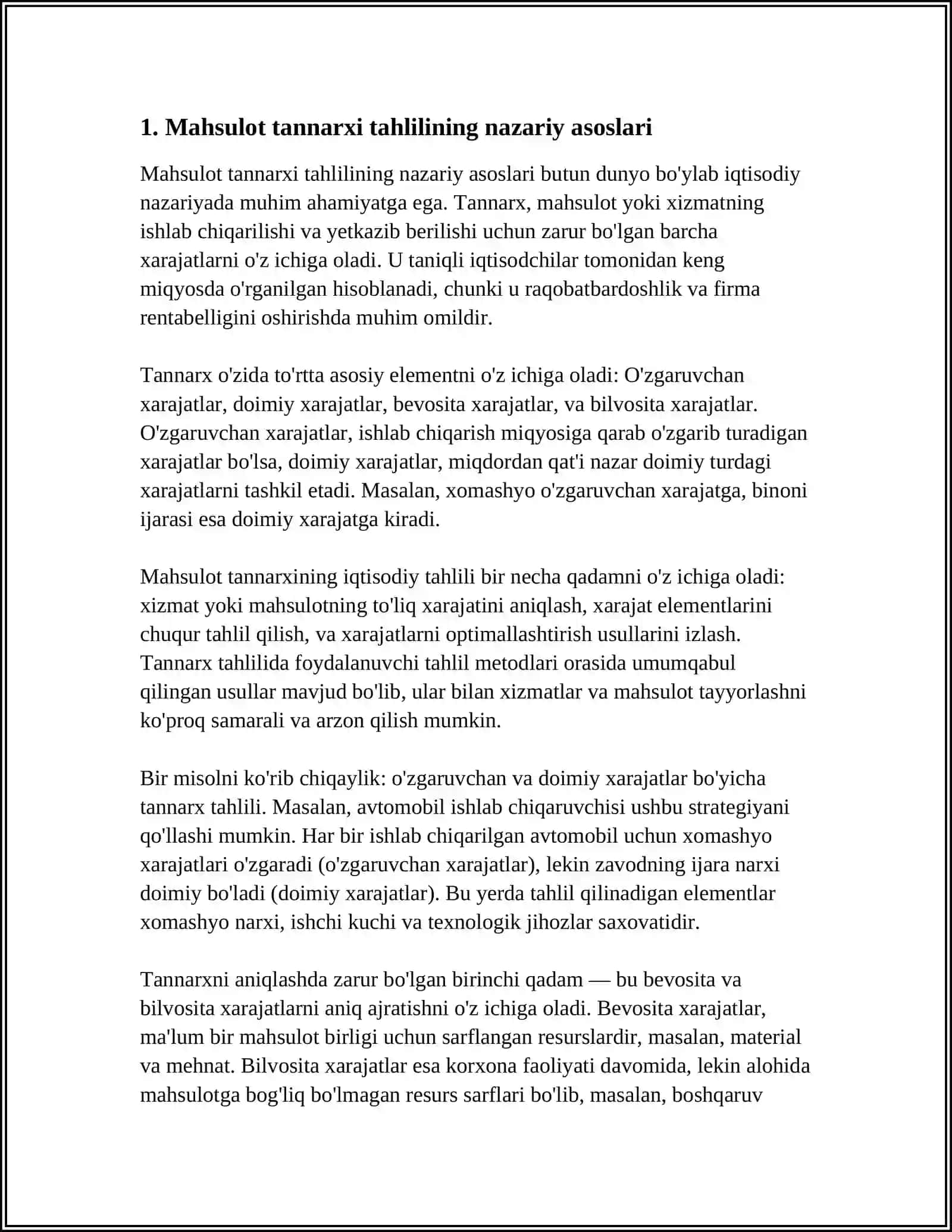 Mahsulot Tannarxi Umumiy Hajmining Tahlili 3