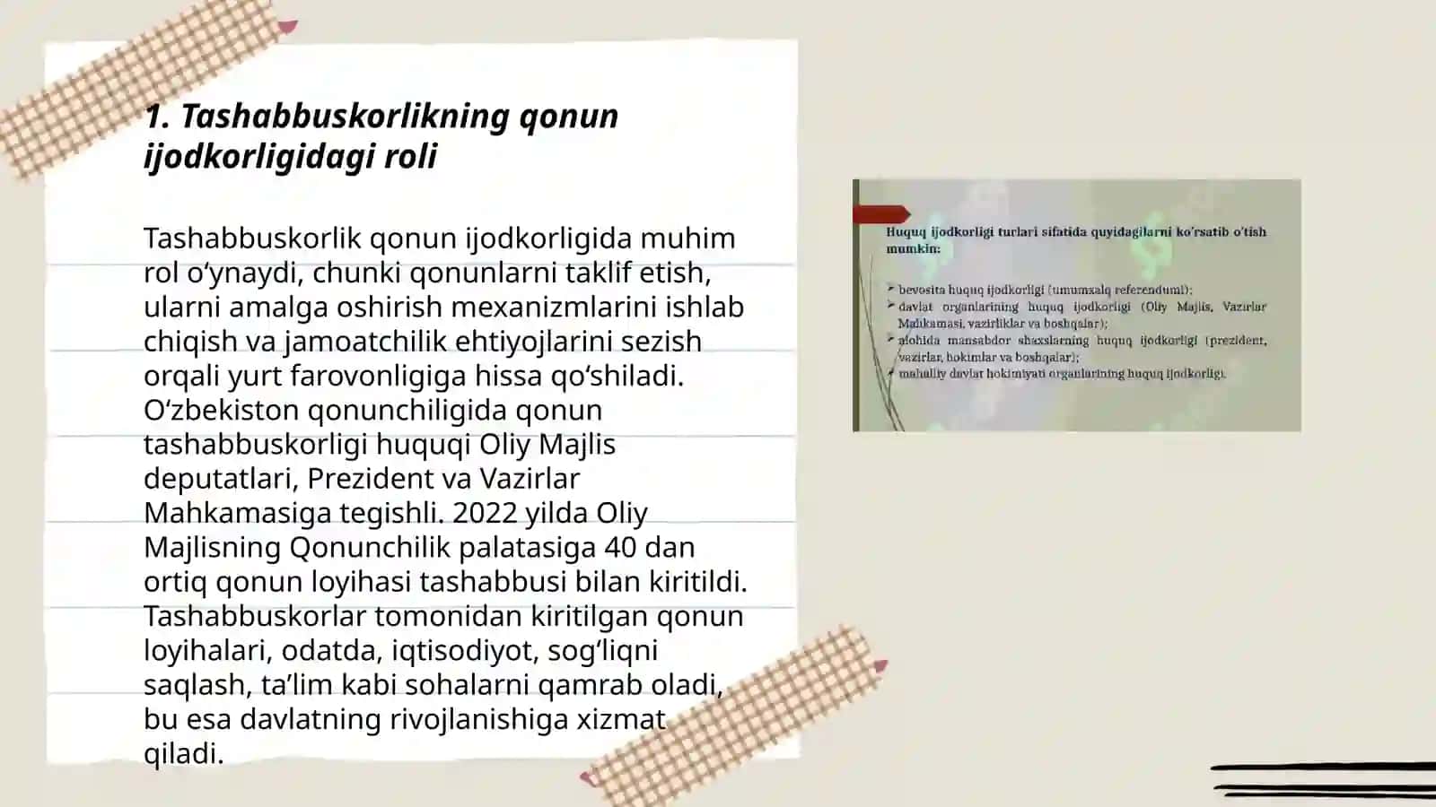 Tashabbuskorlik qonun ijodkorligi qonunlarni hayotga tadbiq qilish va huququy tarğibotni muhim omili 3