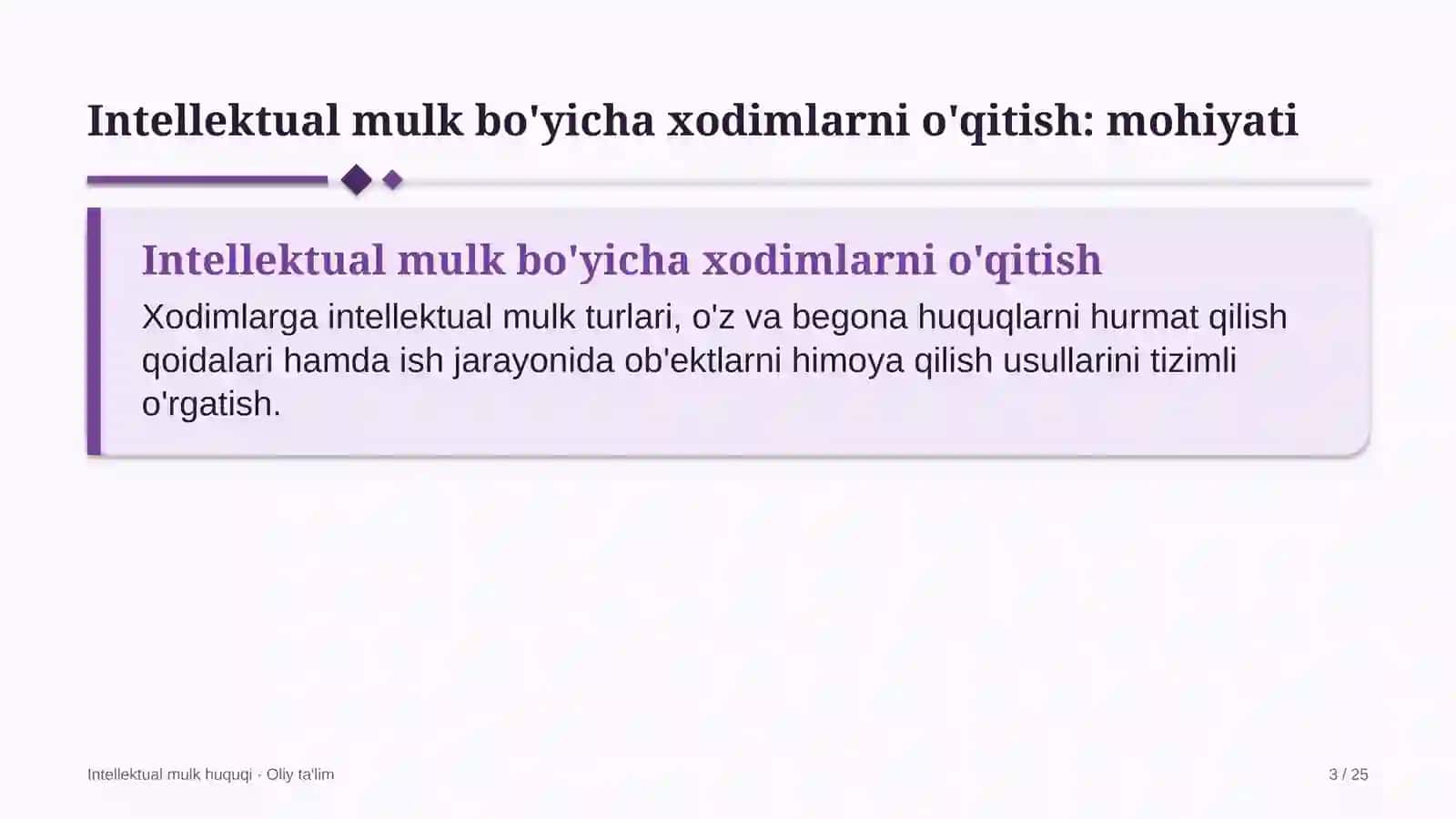 texnika oliy ta'lim muassasalarida intellektual mulk bo'yicha xodimlarni o'qitish 7293 3