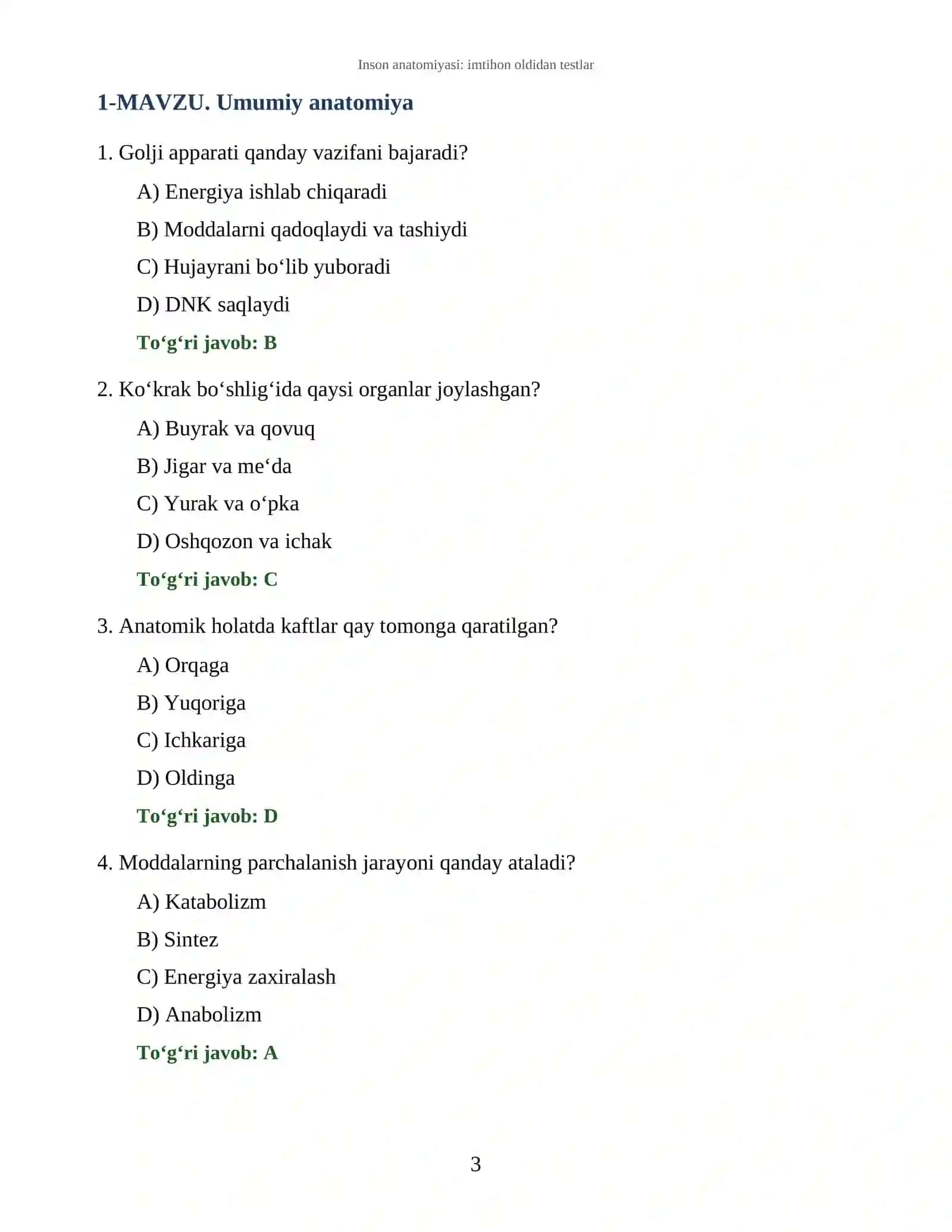 Inson anatomiyasi: imtihon oldidan testlar 3