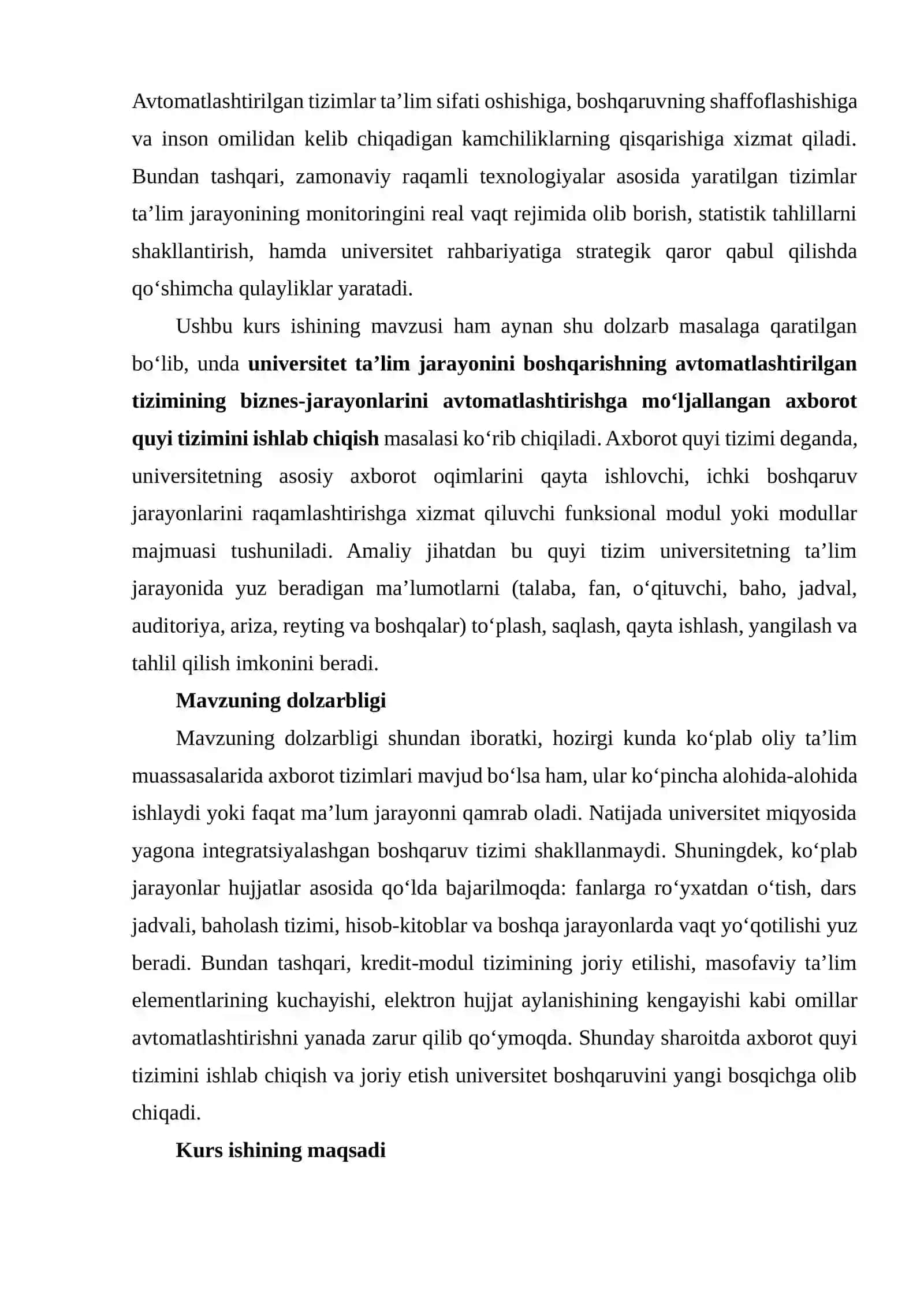 Universitet ta’lim jarayonini boshqarishning avtomatlashtirilgan tizimining biznes-jarayonlarini avtomatlashtirish axborot quyi tizimini ishlab chiqish 3