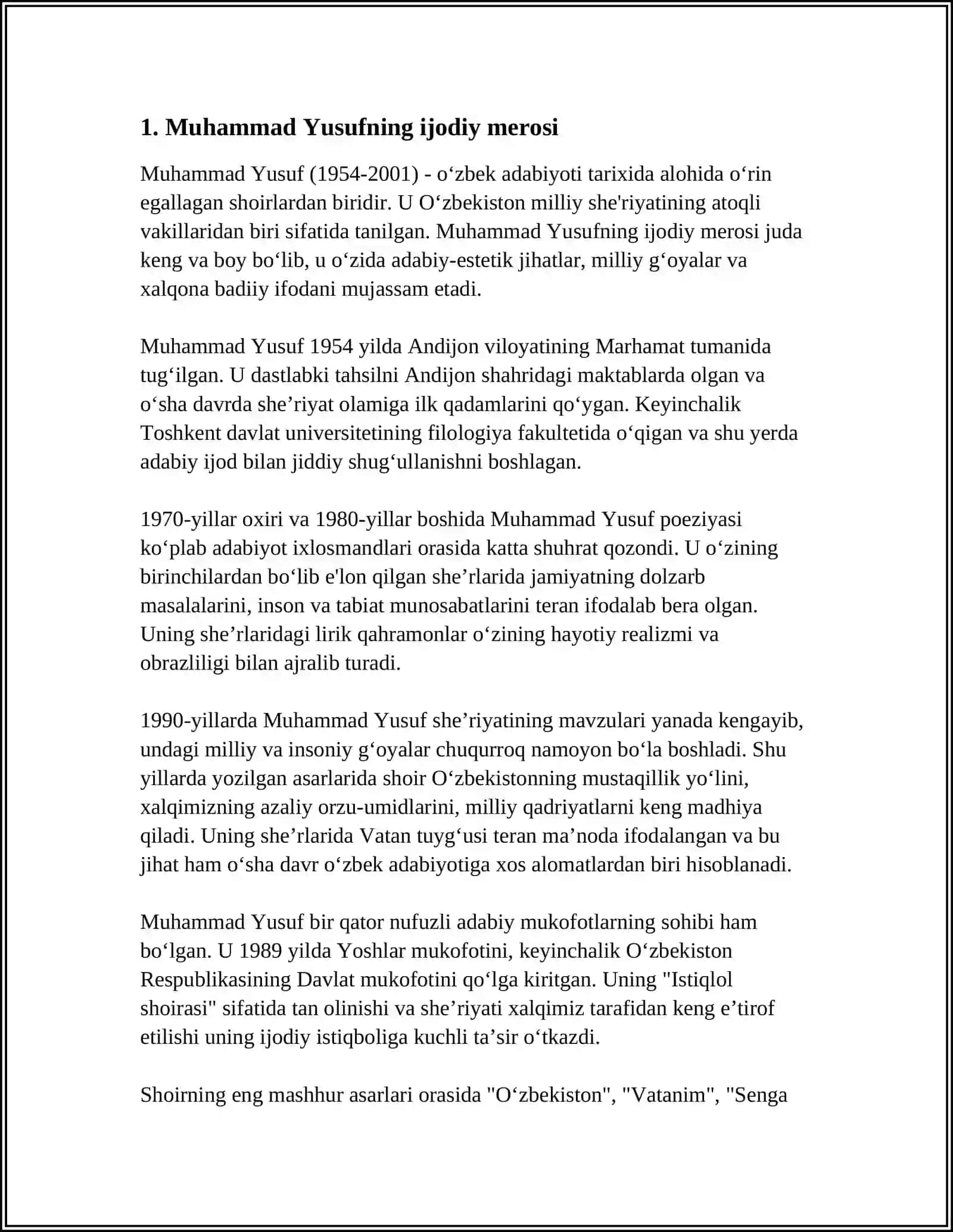 MUHAMMAD YUSUF NING HAYOTI IJODI VA ''ULUG'IMSAN VATANIM ''SHERI MAZMUNI HAQIDA 3