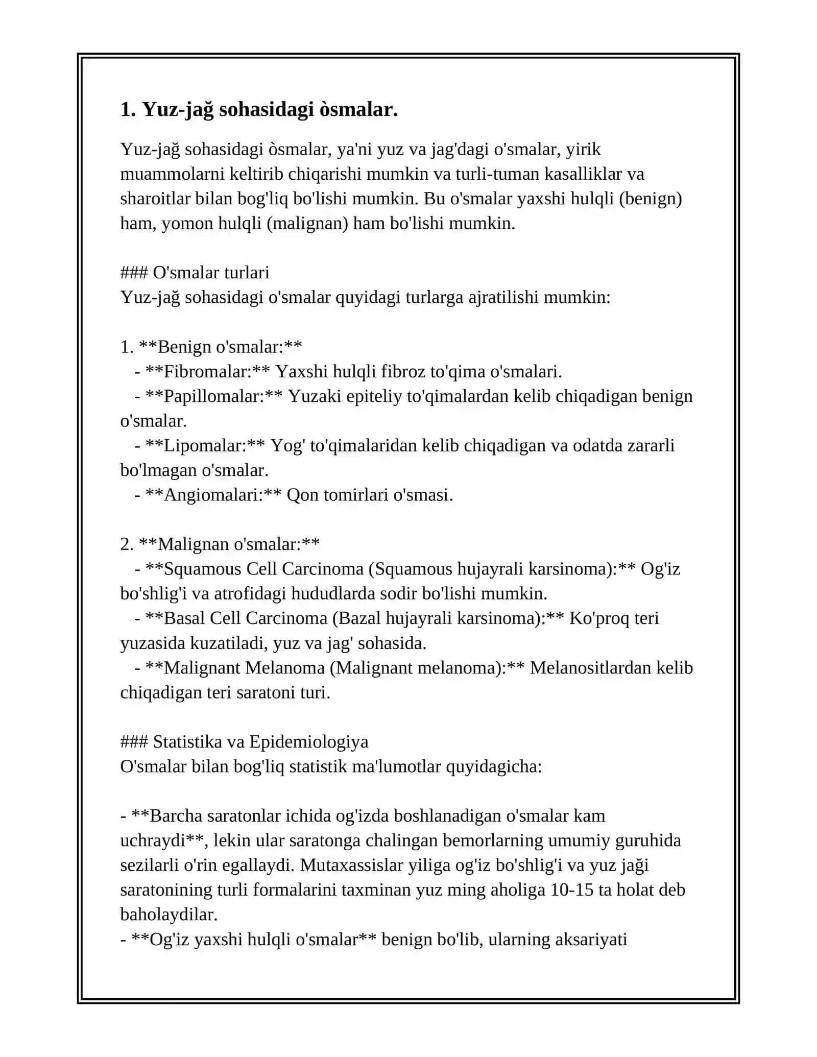YUZ-JAĞ SOHASI ÓSMASIMON KASALLIKLARI. ÒSMASIMON KASALLIKLAR TASNIFI, MORFOLOGIK KÓRINISHLARI. EPULISLAR, ULARNING TUZILISHI VA TURLARI. SUYAK VA YUMSHOQ TOQIMALAR KISTALARI. 3